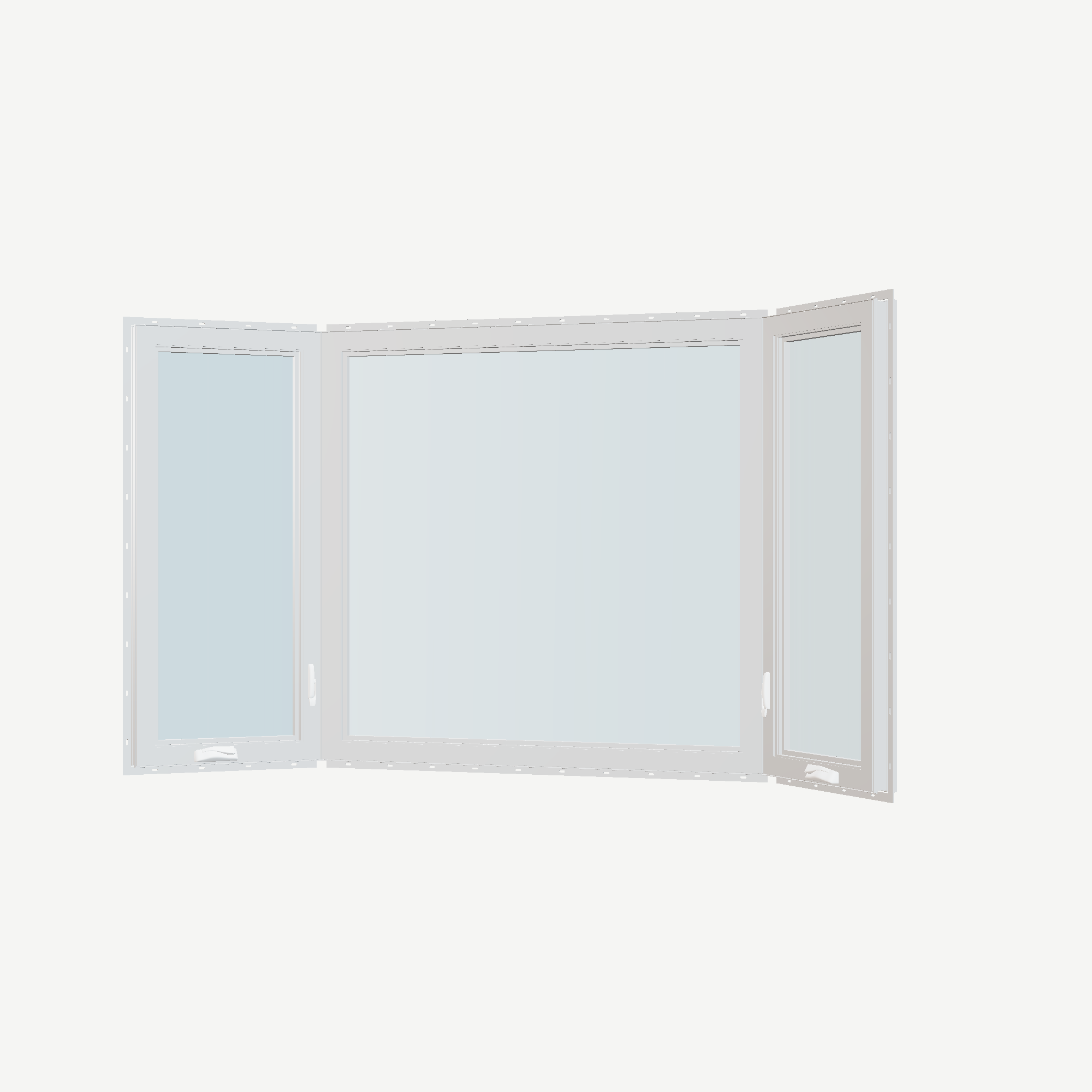 Angled interior view of the 96 × 54 inch bay window, white exterior / white interior, with nailing flange