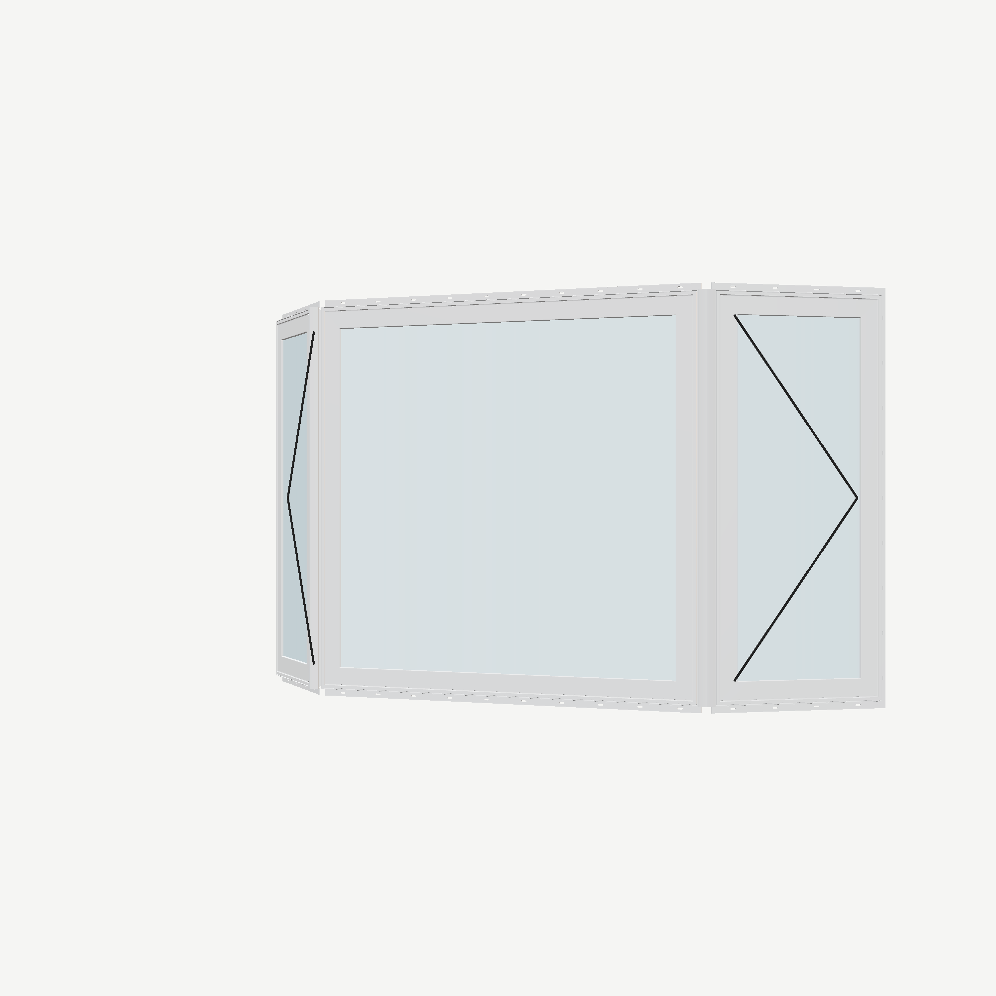 Angled exterior view with opening symbols of the 96 × 54 inch bay window, white exterior / white interior, with nailing flange