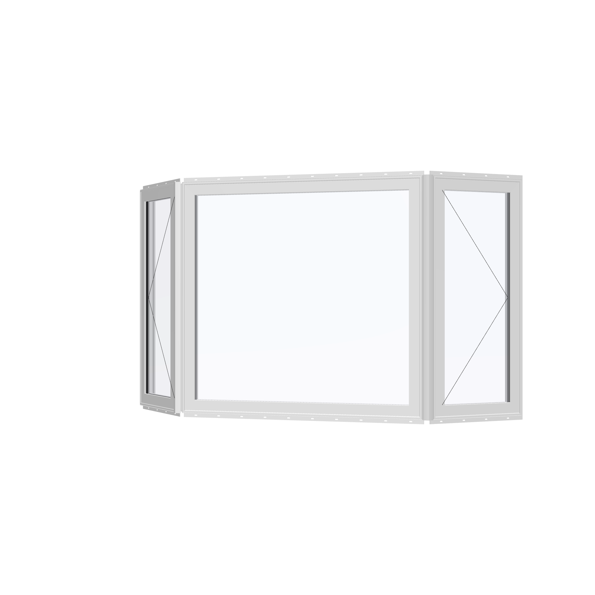 Angled exterior view with opening symbols of the 96 × 54 inch bay window, white exterior / white interior, with nailing flange