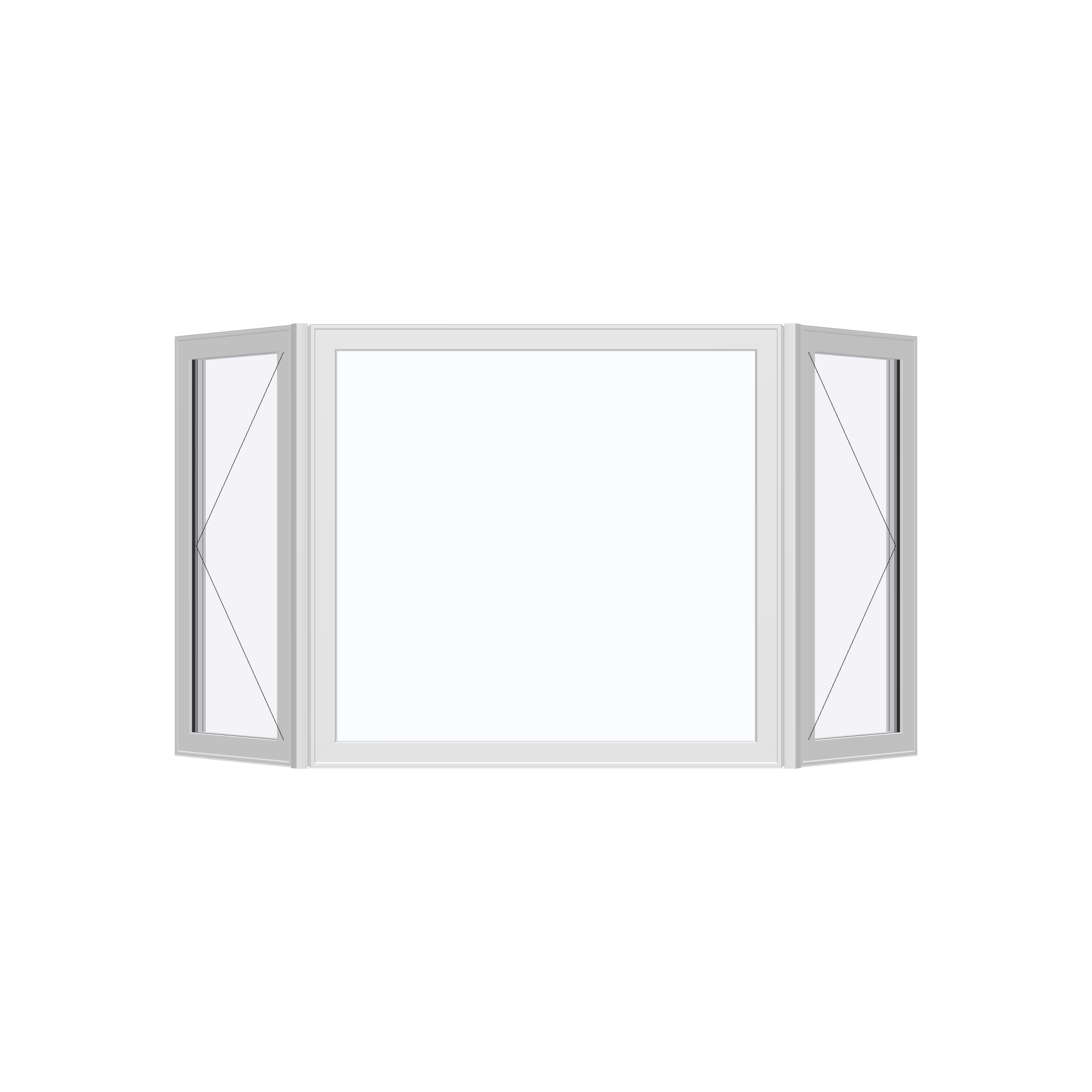 Straight exterior view of the 96 × 54 inch bay window, white exterior / white interior, without nailing flange