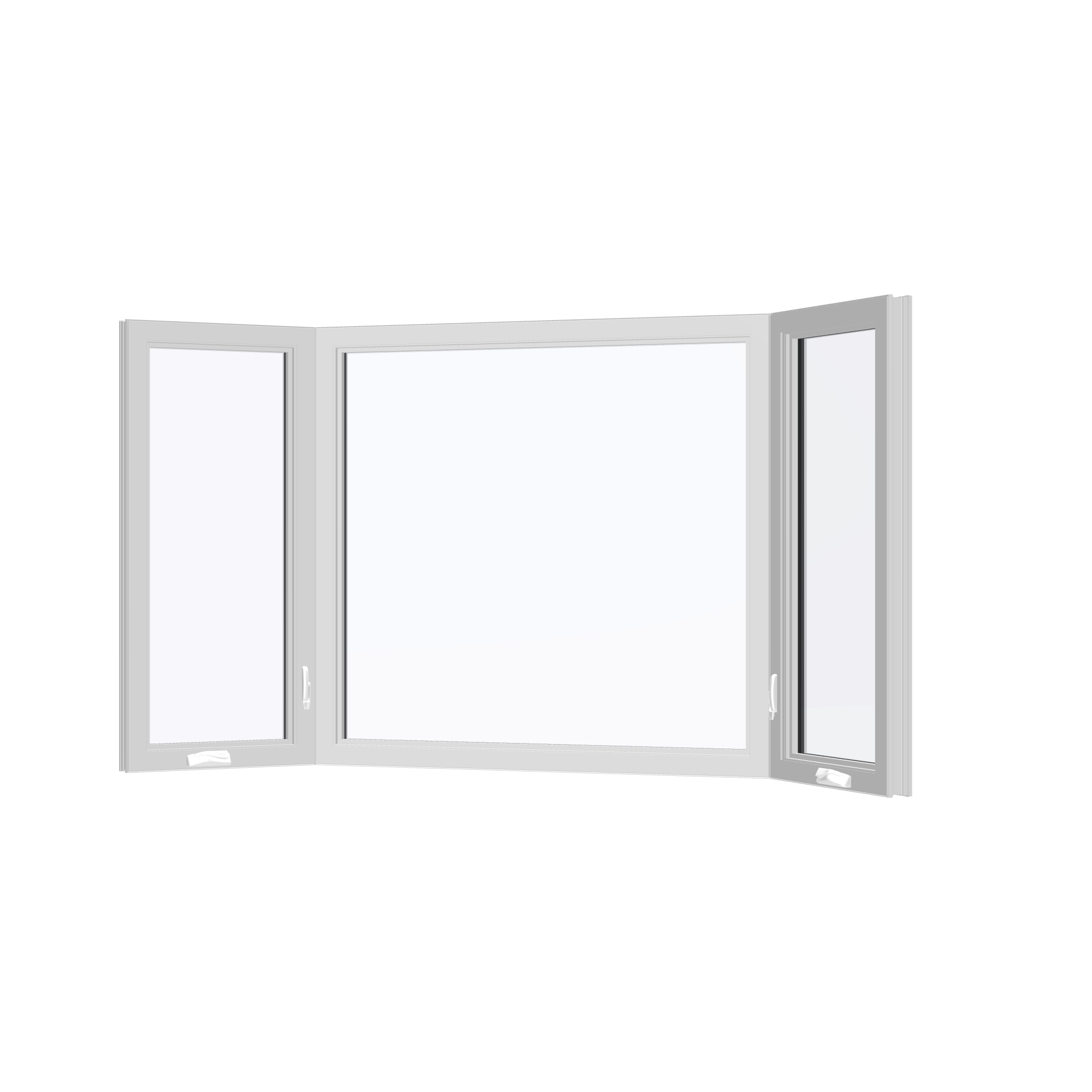 Angled interior view of the 96 × 54 inch bay window, white exterior / white interior, without nailing flange