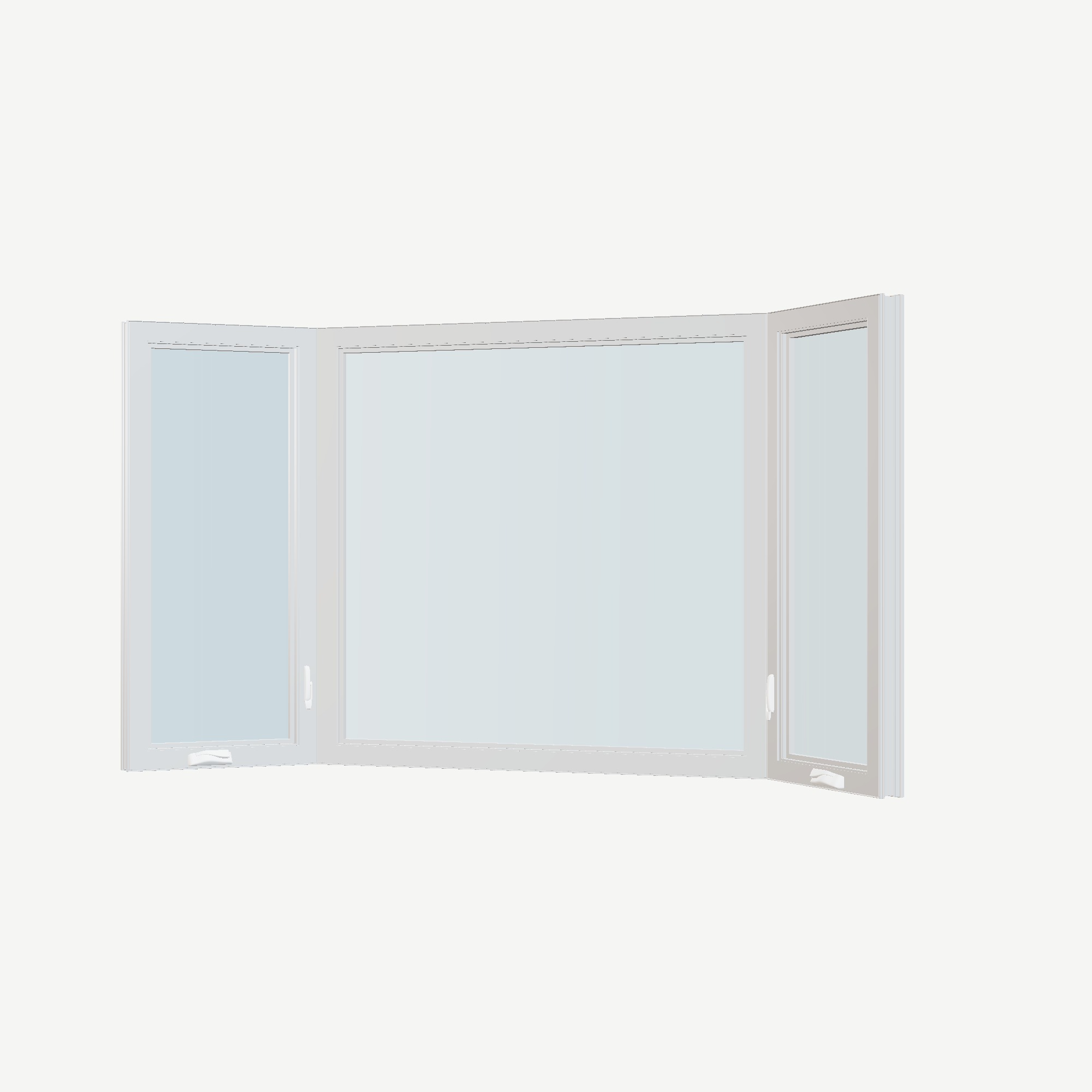 Angled interior view of the 96 × 54 inch bay window, white exterior / white interior, without nailing flange