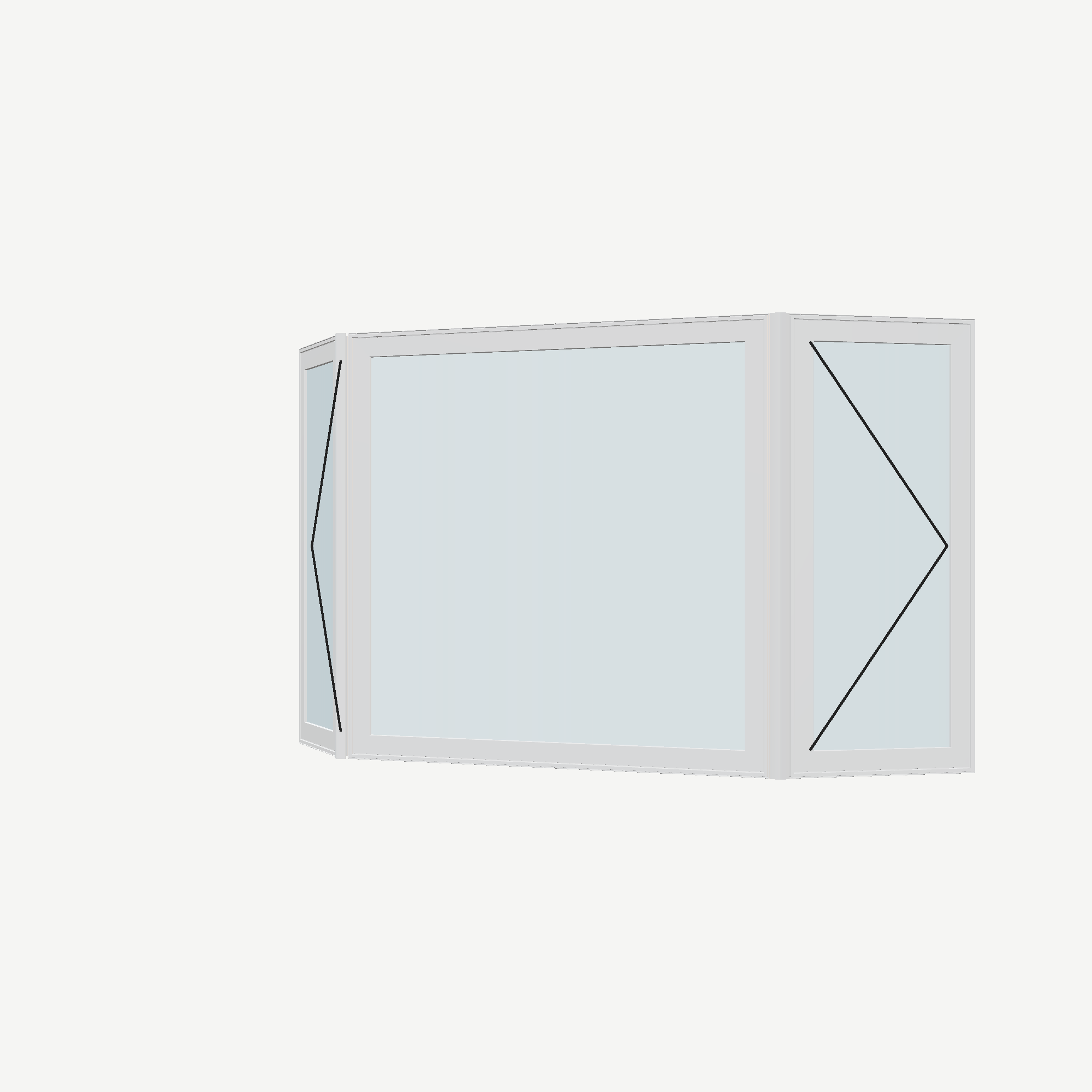 Angled exterior view with opening symbols of the 96 × 54 inch bay window, white exterior / white interior, without nailing flange