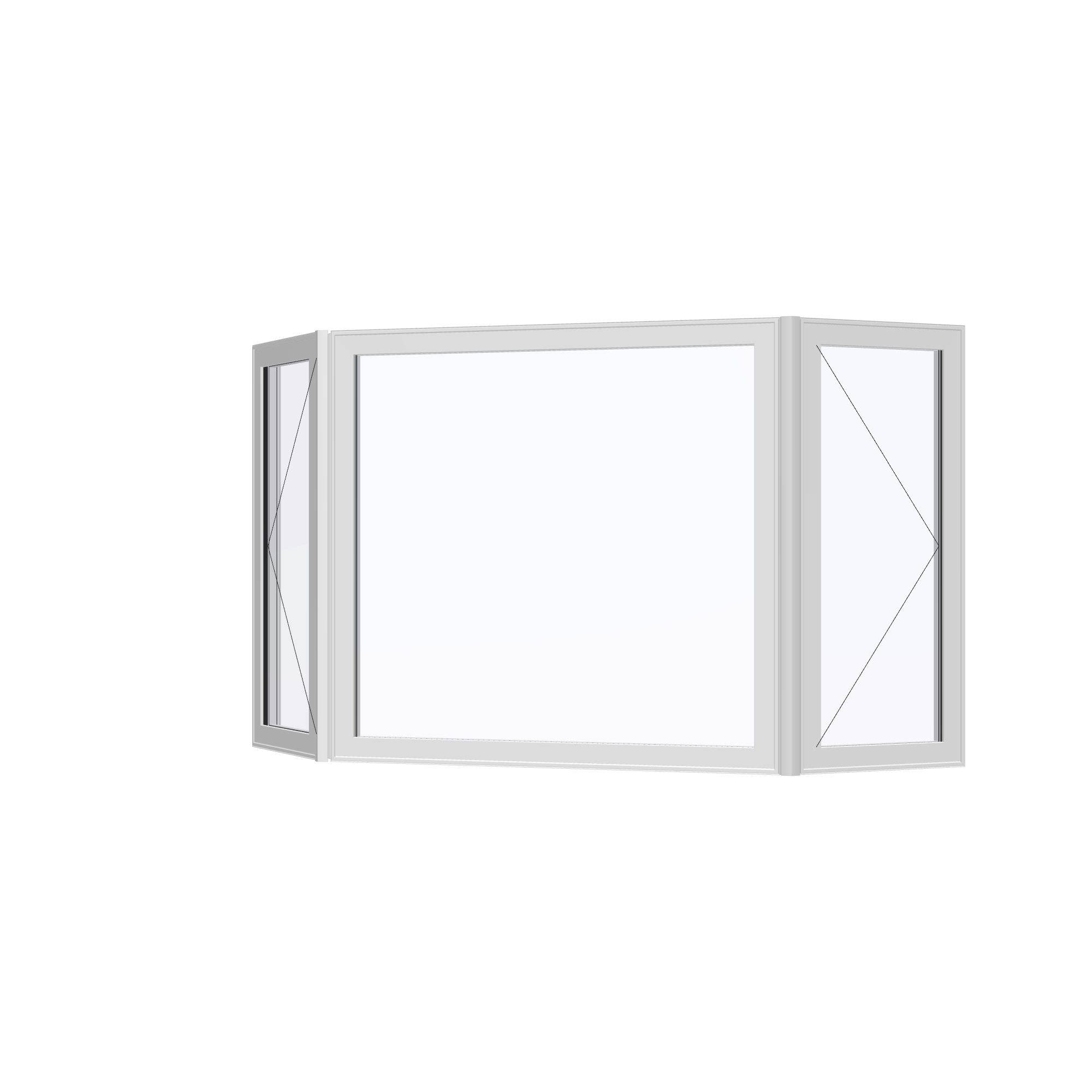 Angled exterior view with opening symbols of the 96 × 54 inch bay window, white exterior / white interior, without nailing flange