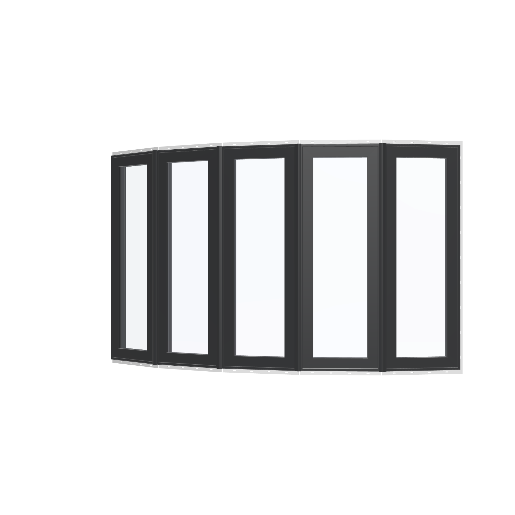 Angled exterior view of the 96 × 54 inch bow window, black exterior / black interior, with nailing flange