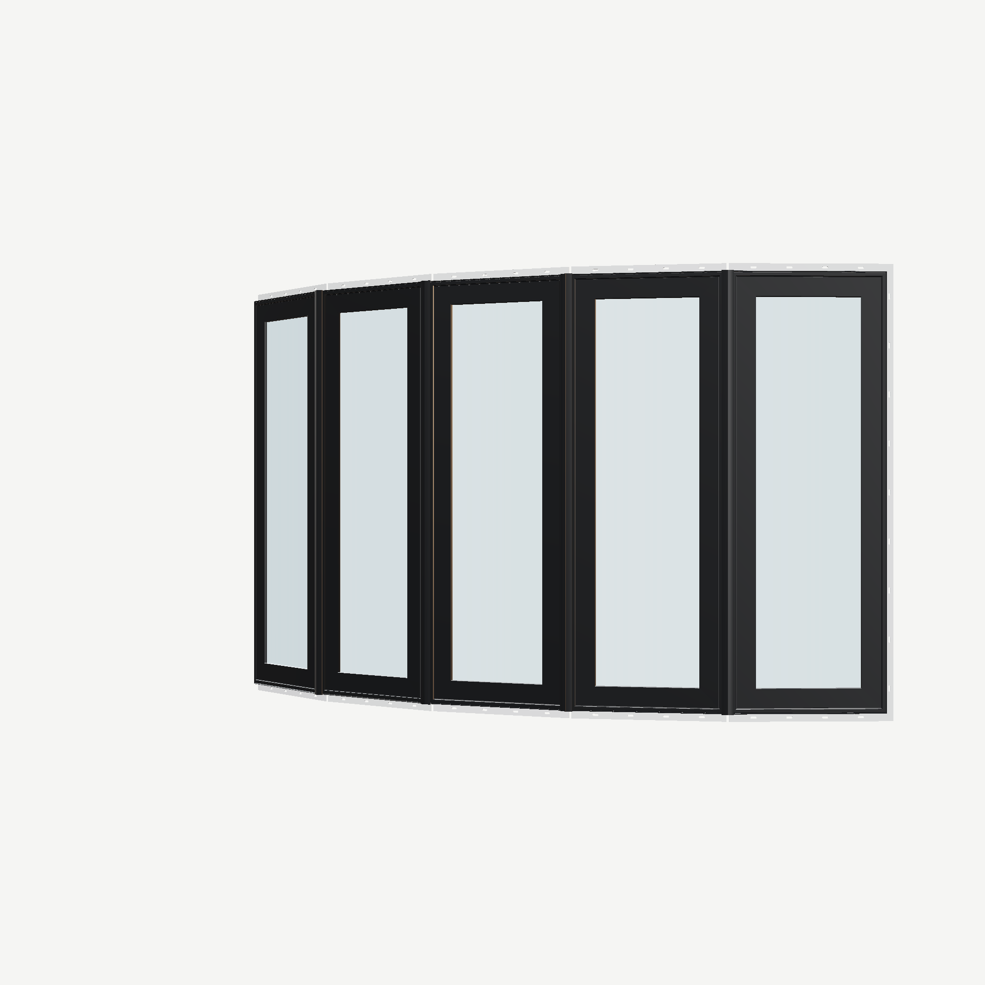 Angled exterior view of the 96 × 54 inch bow window, black exterior / black interior, with nailing flange