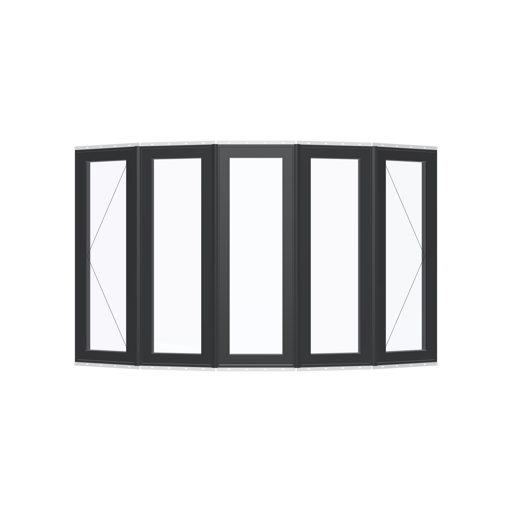 Straight exterior view of the 96 × 54 inch bow window, black exterior / black interior, with nailing flange