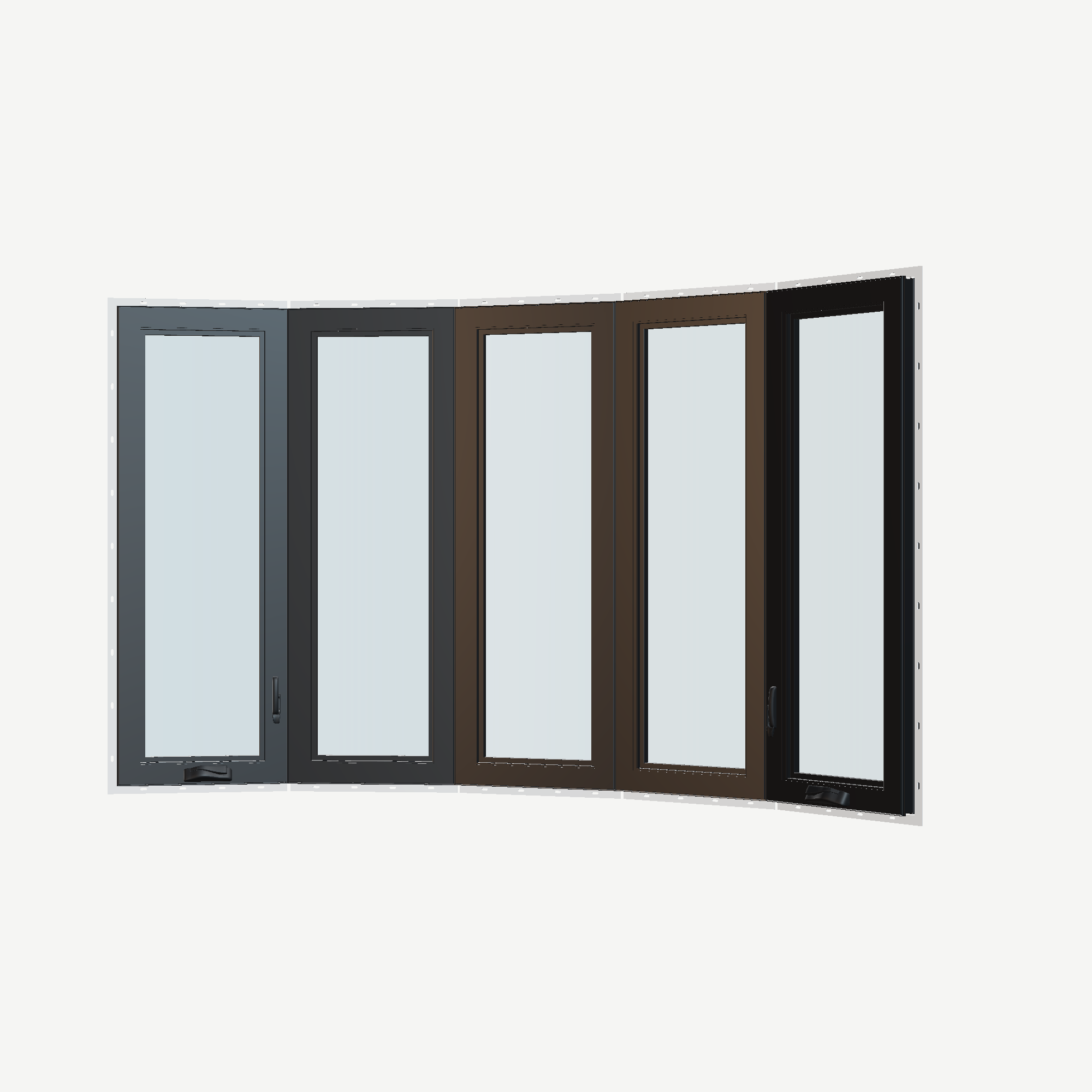 Angled interior view of the 96 × 54 inch bow window, black exterior / black interior, with nailing flange