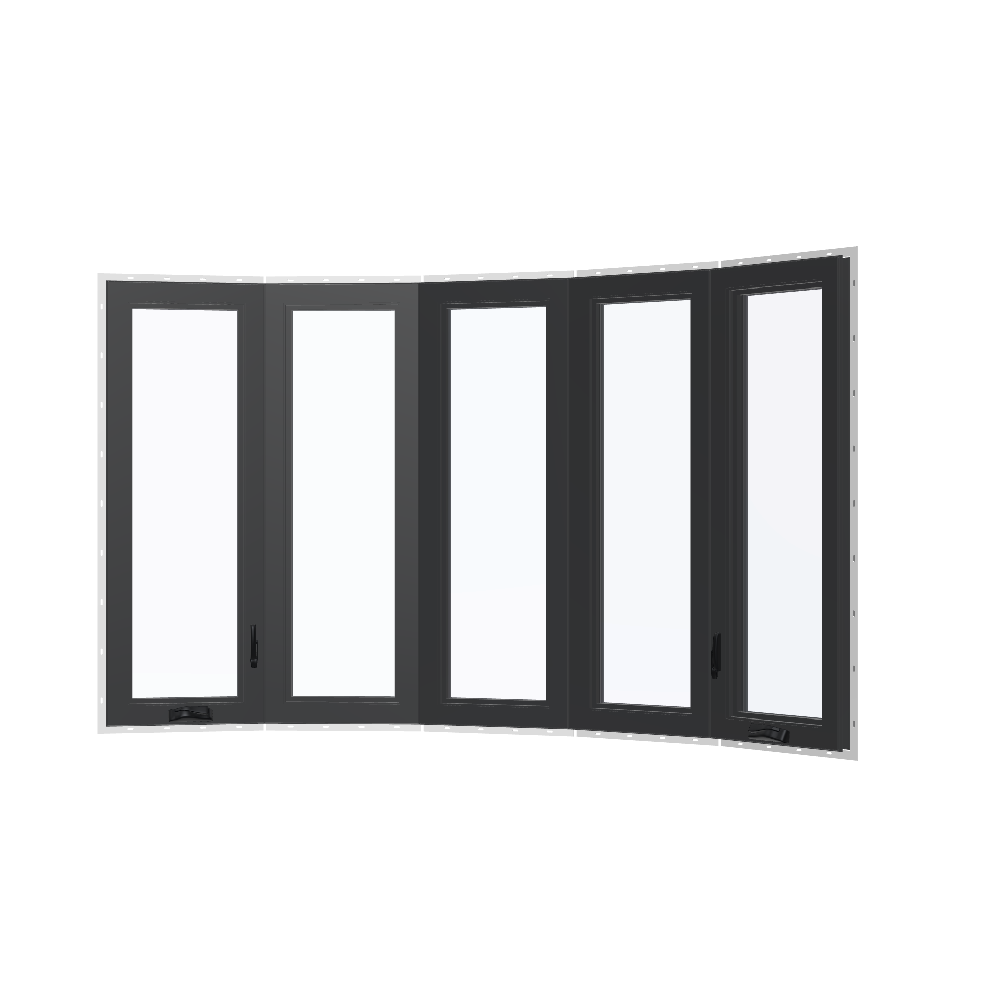 Angled interior view of the 96 × 54 inch bow window, black exterior / black interior, with nailing flange