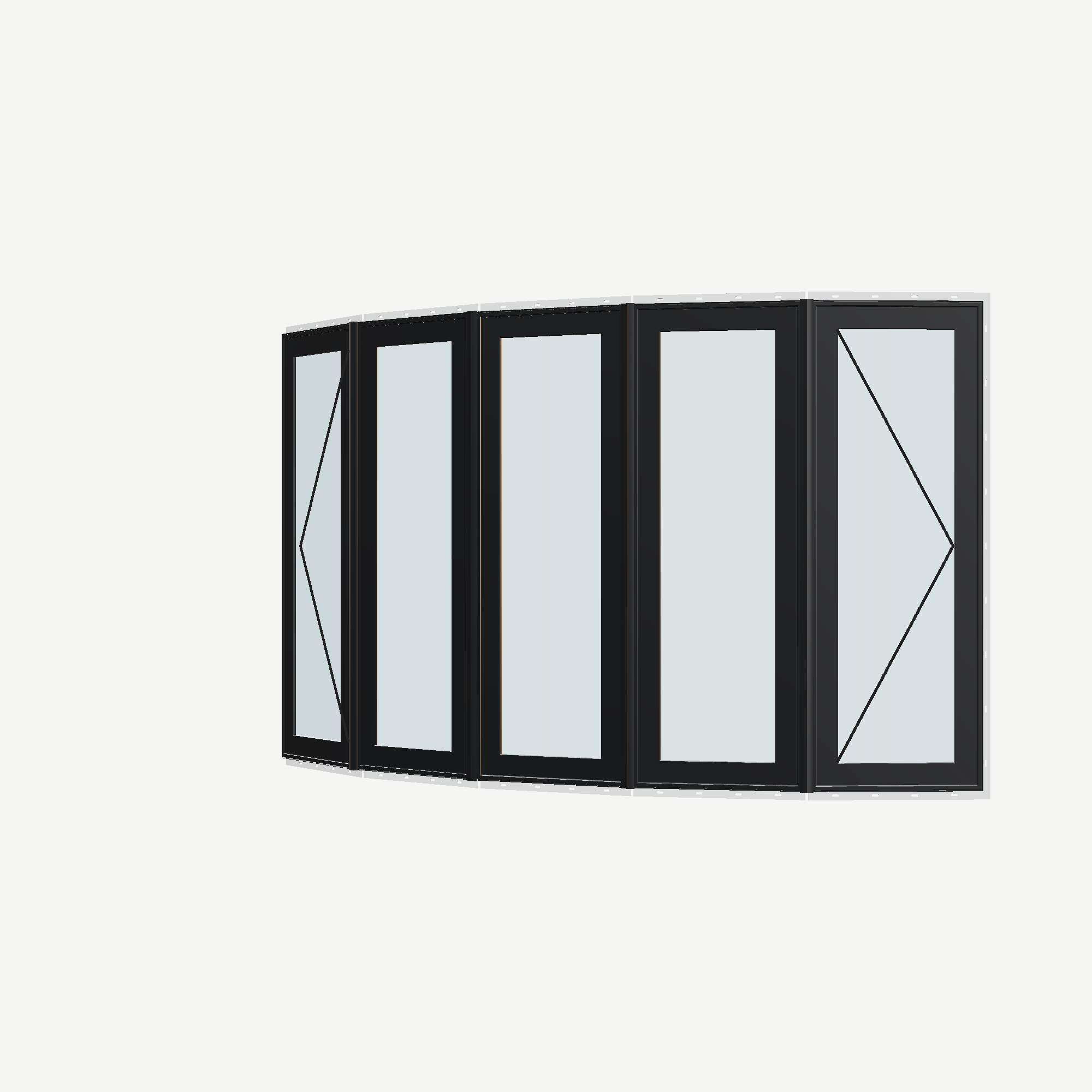 Angled exterior view with opening symbols of the 96 × 54 inch bow window, black exterior / black interior, with nailing flange