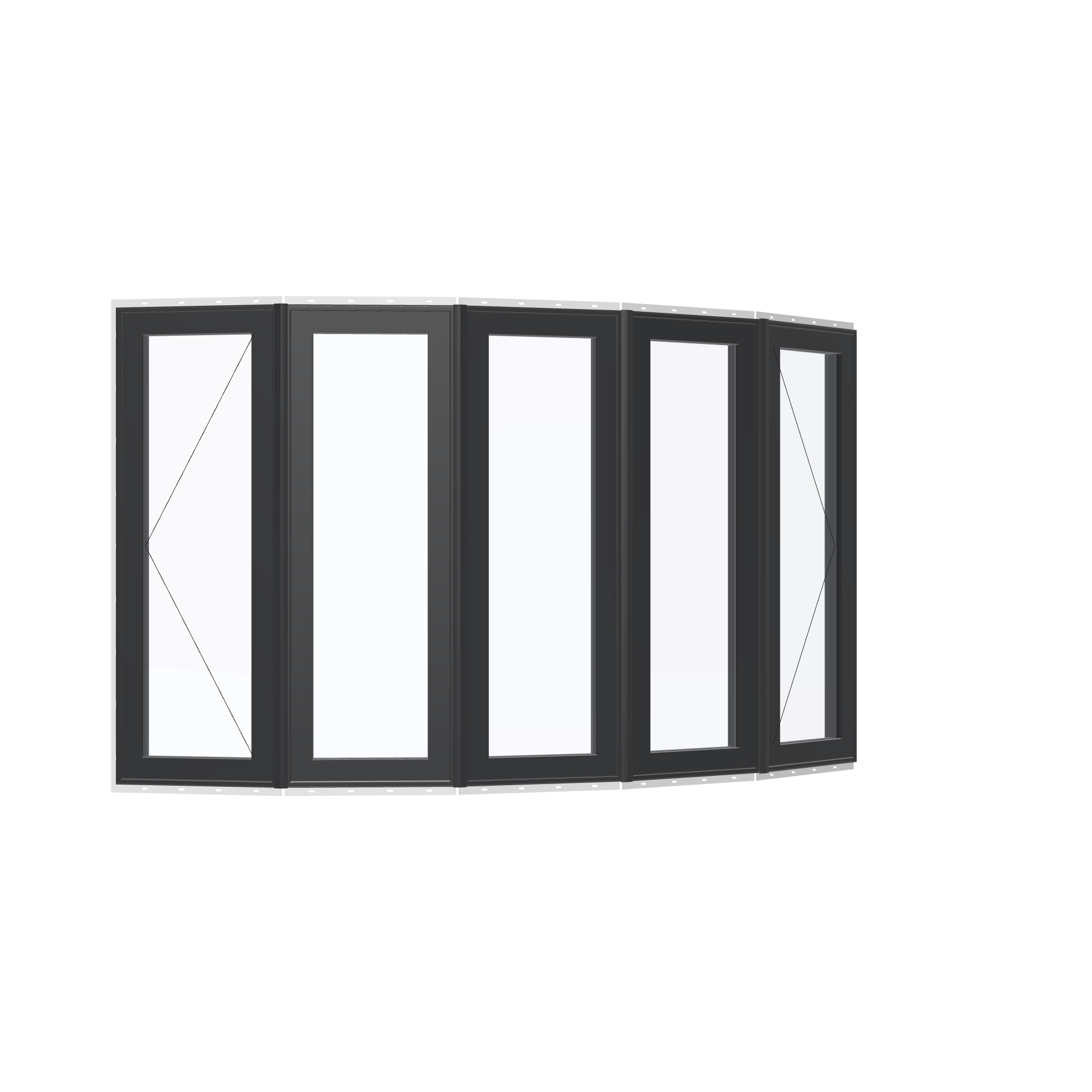 Opposite exterior angle of the 96 × 54 inch bow window, black exterior / black interior, with nailing flange