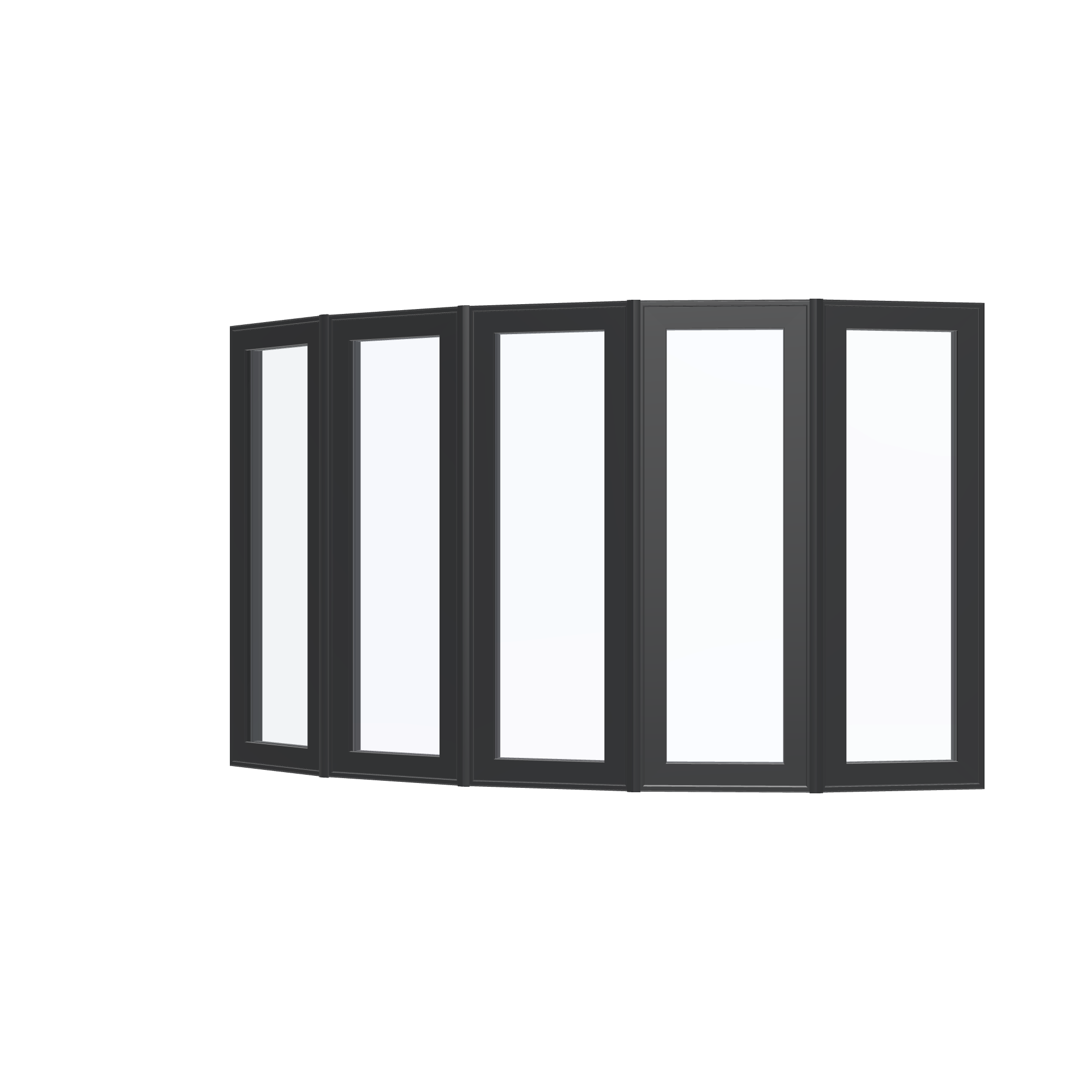 Angled exterior view of the 96 × 54 inch bow window, black exterior / black interior, without nailing flange
