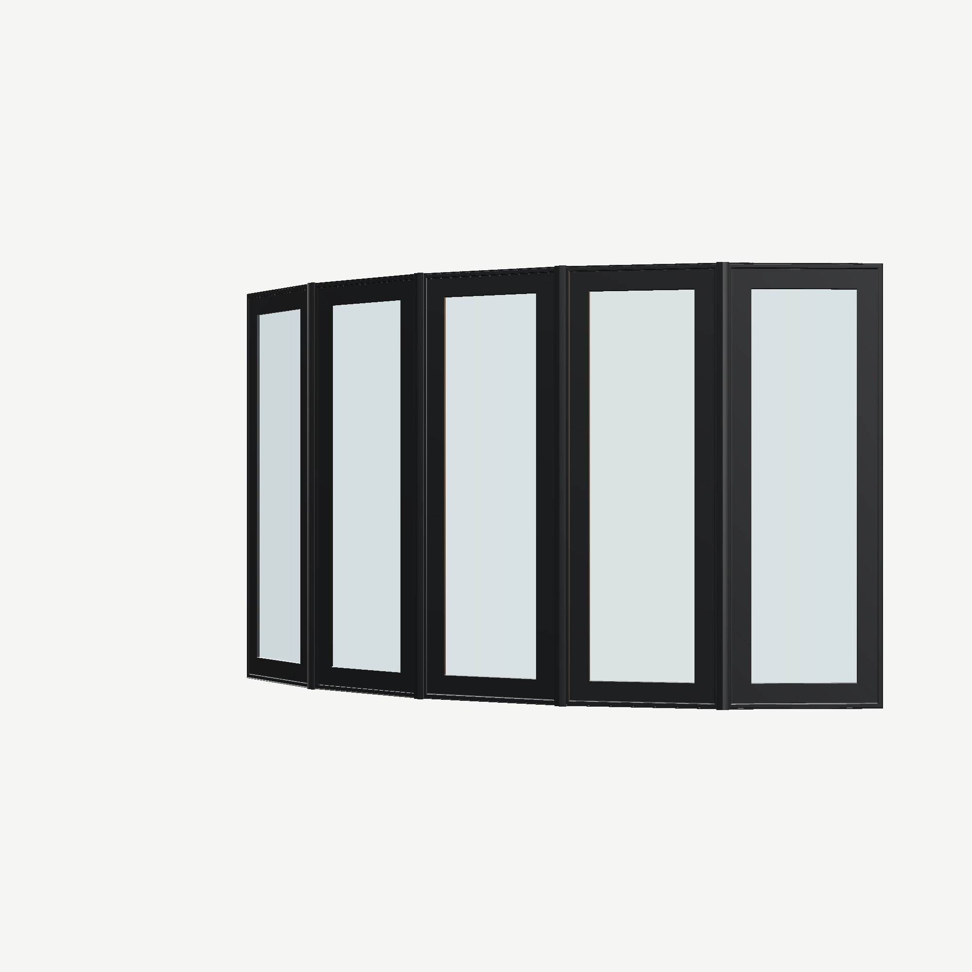 Angled exterior view of the 96 × 54 inch bow window, black exterior / black interior, without nailing flange