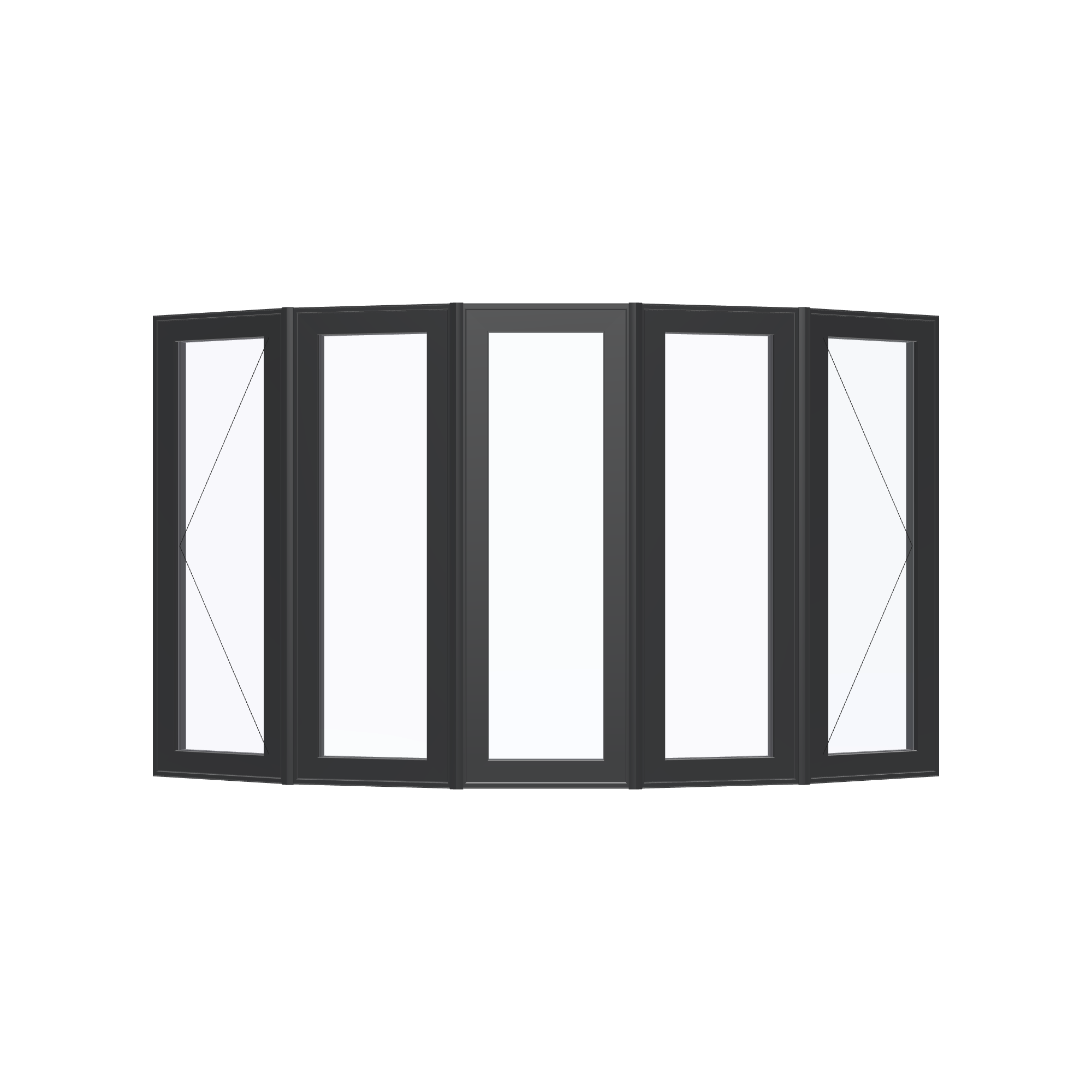 Straight exterior view of the 96 × 54 inch bow window, black exterior / black interior, without nailing flange