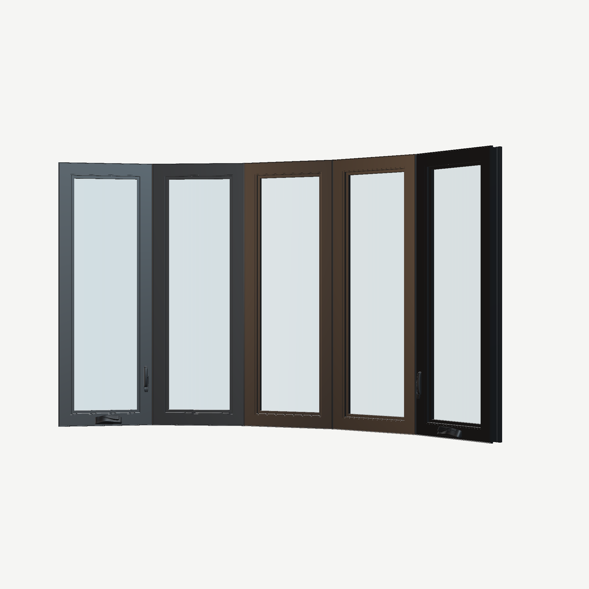 Angled interior view of the 96 × 54 inch bow window, black exterior / black interior, without nailing flange