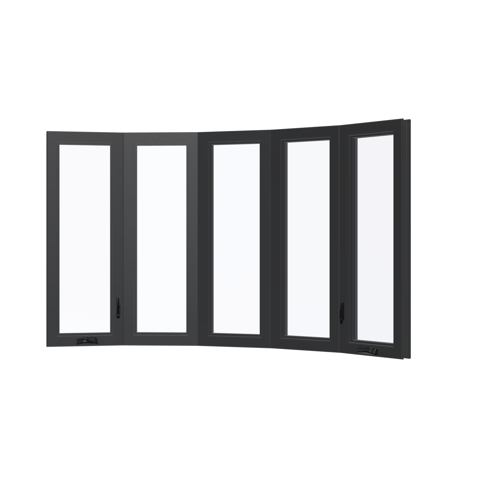 Angled interior view of the 96 × 54 inch bow window, black exterior / black interior, without nailing flange
