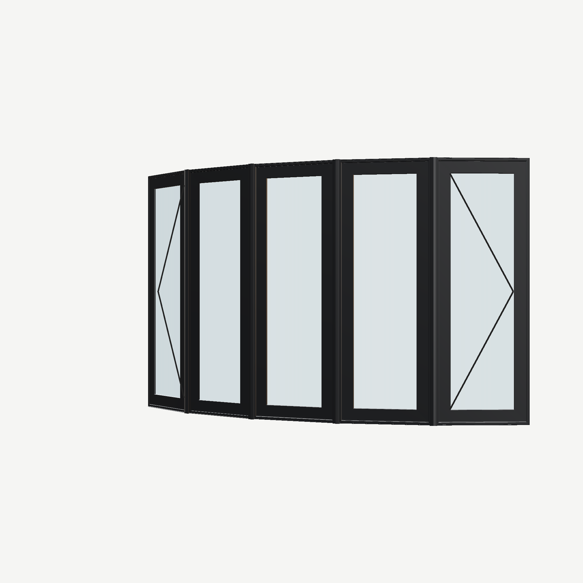Angled exterior view with opening symbols of the 96 × 54 inch bow window, black exterior / black interior, without nailing flange