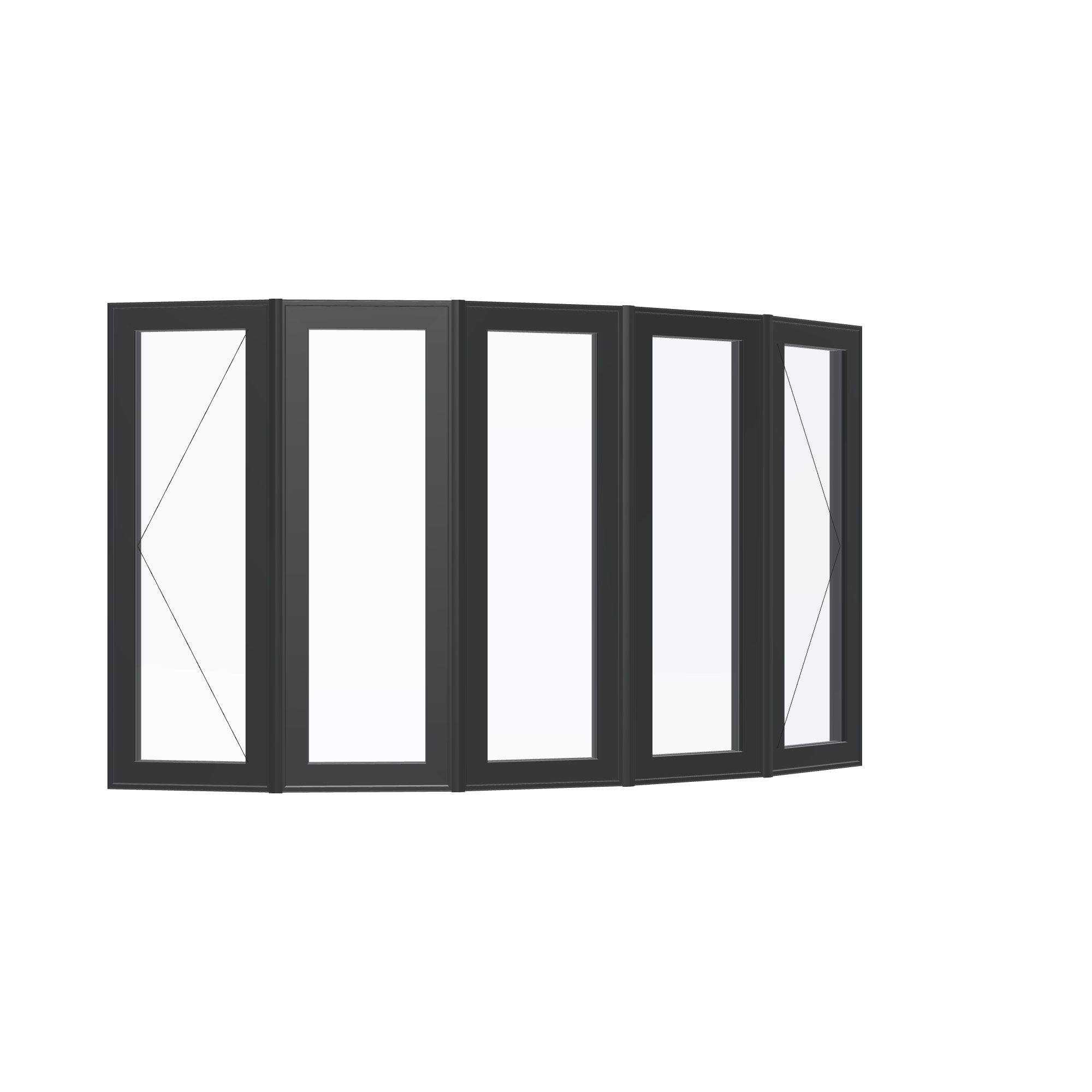Opposite exterior angle of the 96 × 54 inch bow window, black exterior / black interior, without nailing flange
