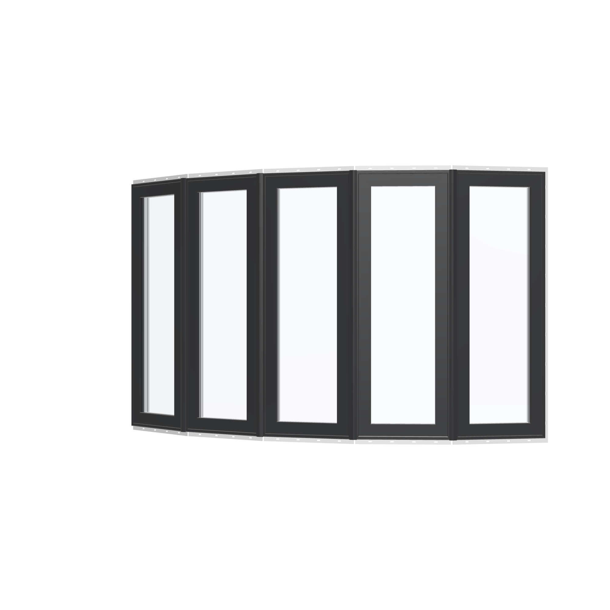 Angled exterior view of the 96 × 54 inch bow window, black exterior / white interior, with nailing flange