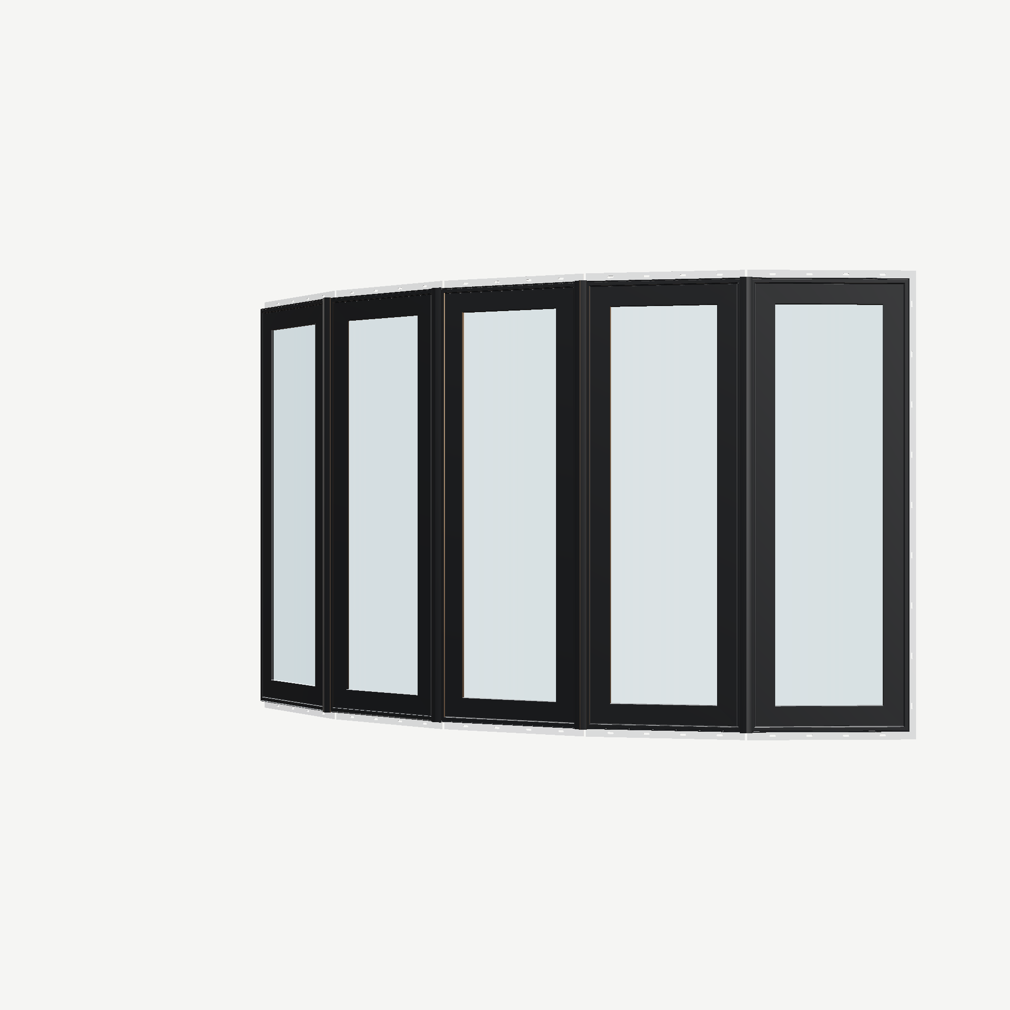 Angled exterior view of the 96 × 54 inch bow window, black exterior / white interior, with nailing flange