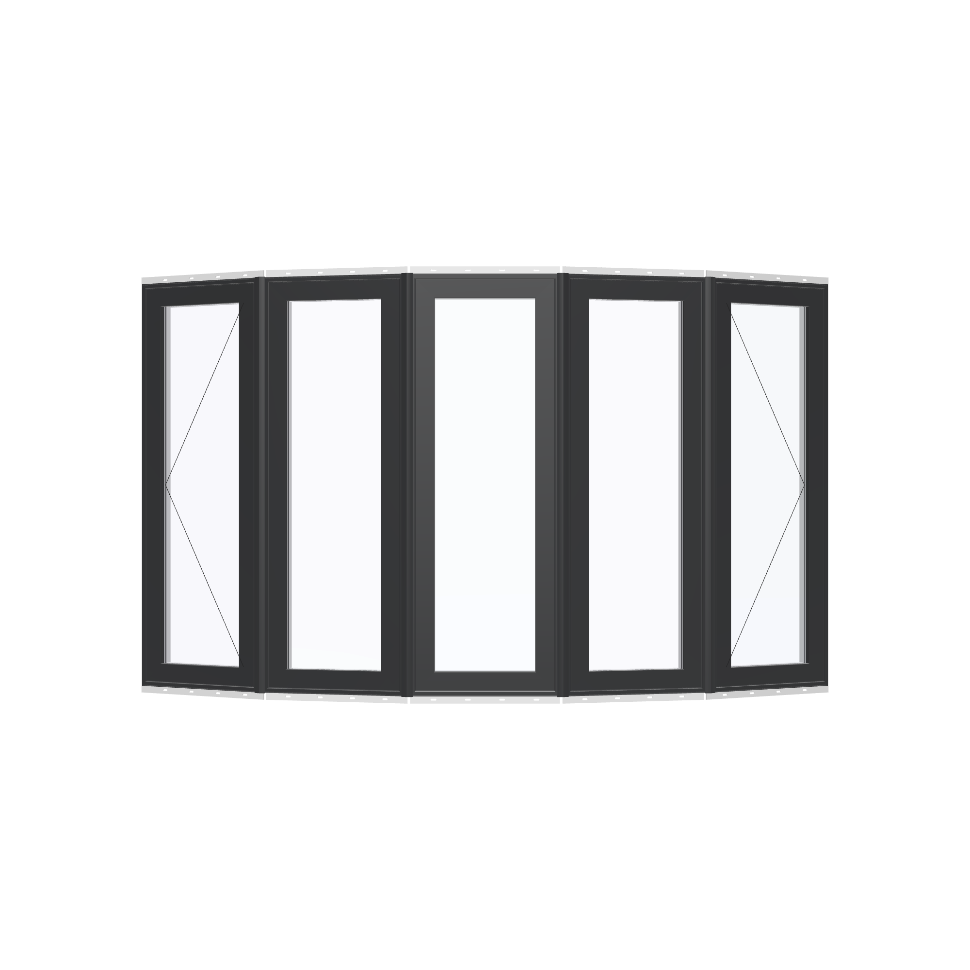 Straight exterior view of the 96 × 54 inch bow window, black exterior / white interior, with nailing flange