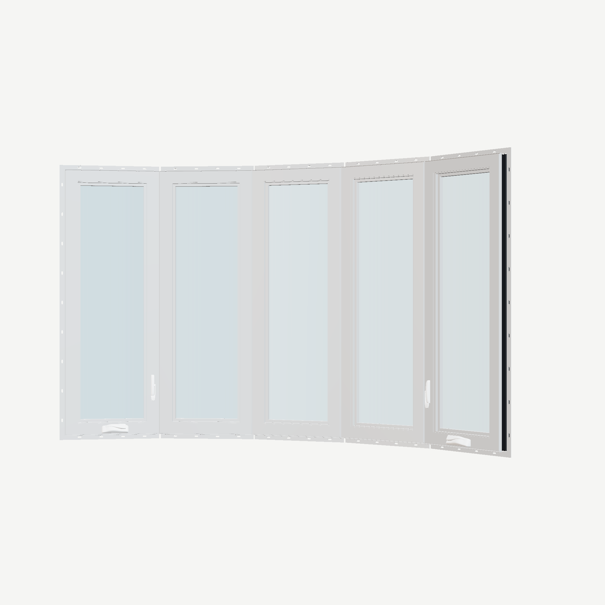 Angled interior view of the 96 × 54 inch bow window, black exterior / white interior, with nailing flange