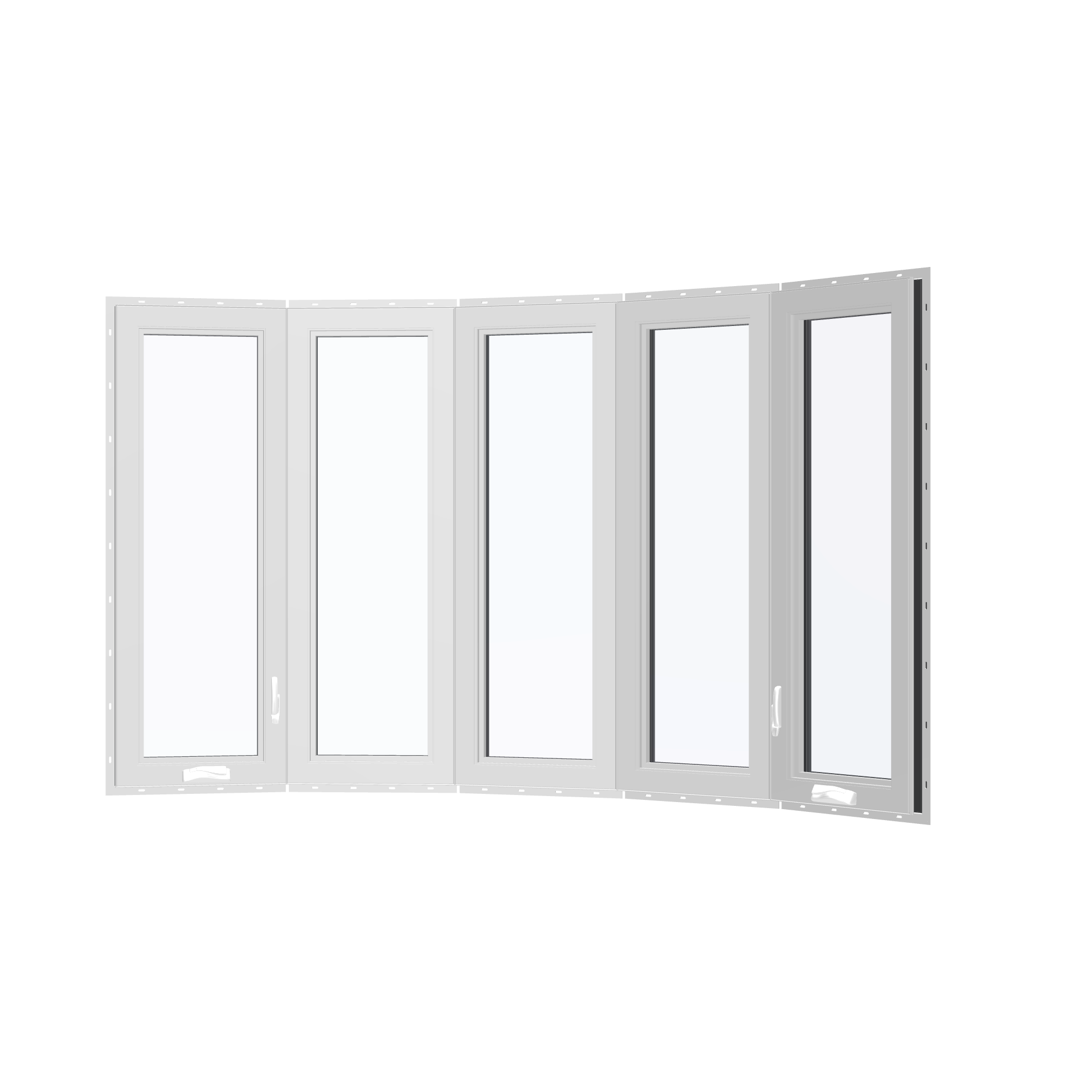 Angled interior view of the 96 × 54 inch bow window, black exterior / white interior, with nailing flange