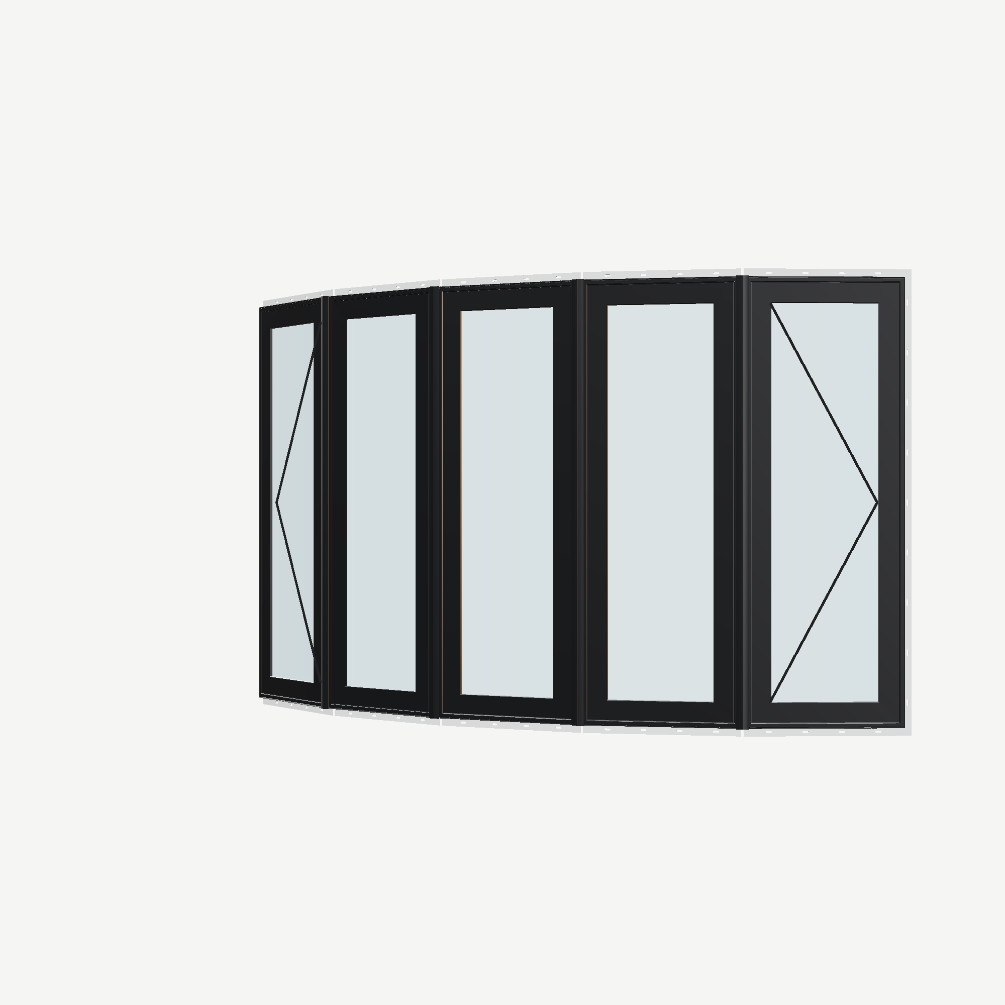 Angled exterior view with opening symbols of the 96 × 54 inch bow window, black exterior / white interior, with nailing flange