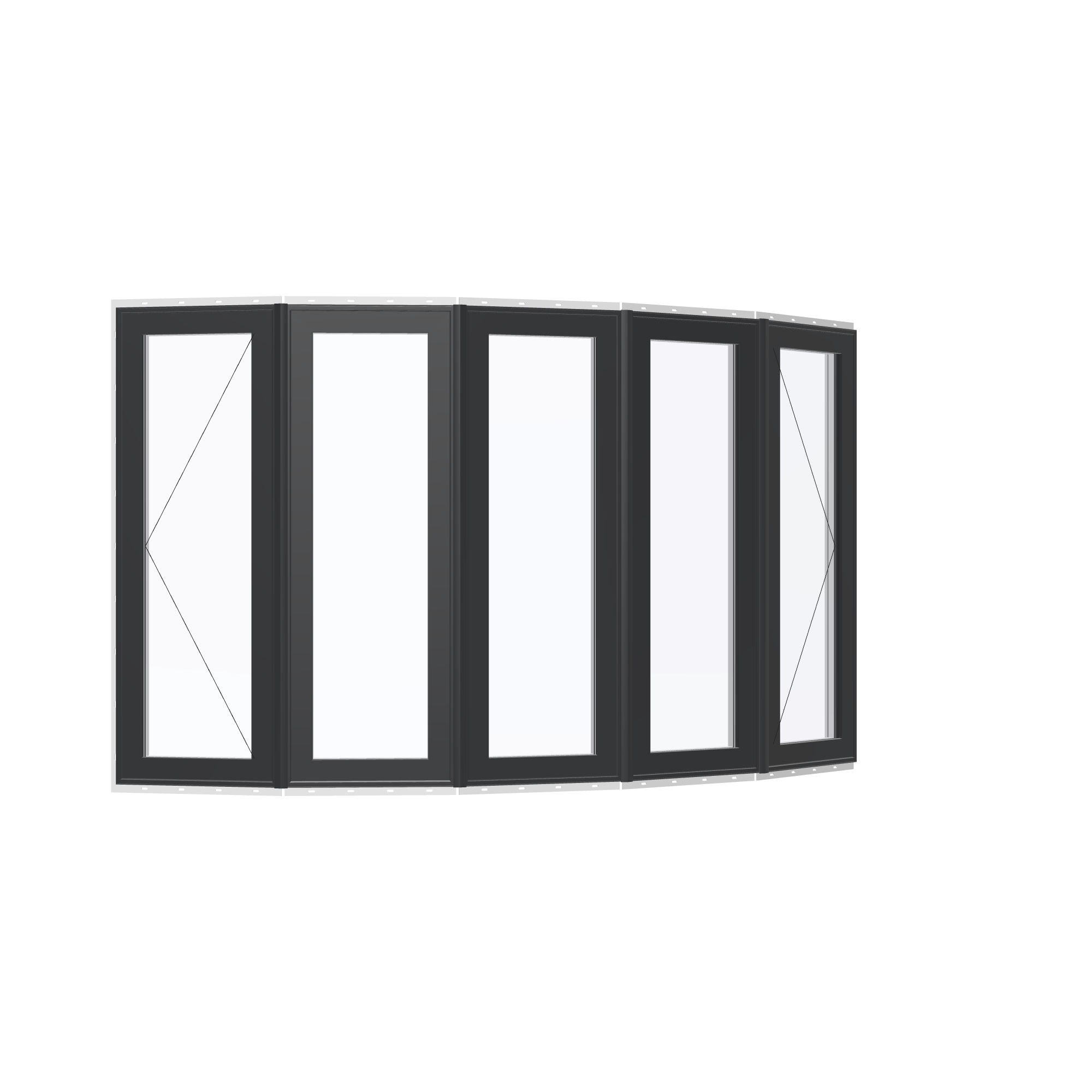 Opposite exterior angle of the 96 × 54 inch bow window, black exterior / white interior, with nailing flange