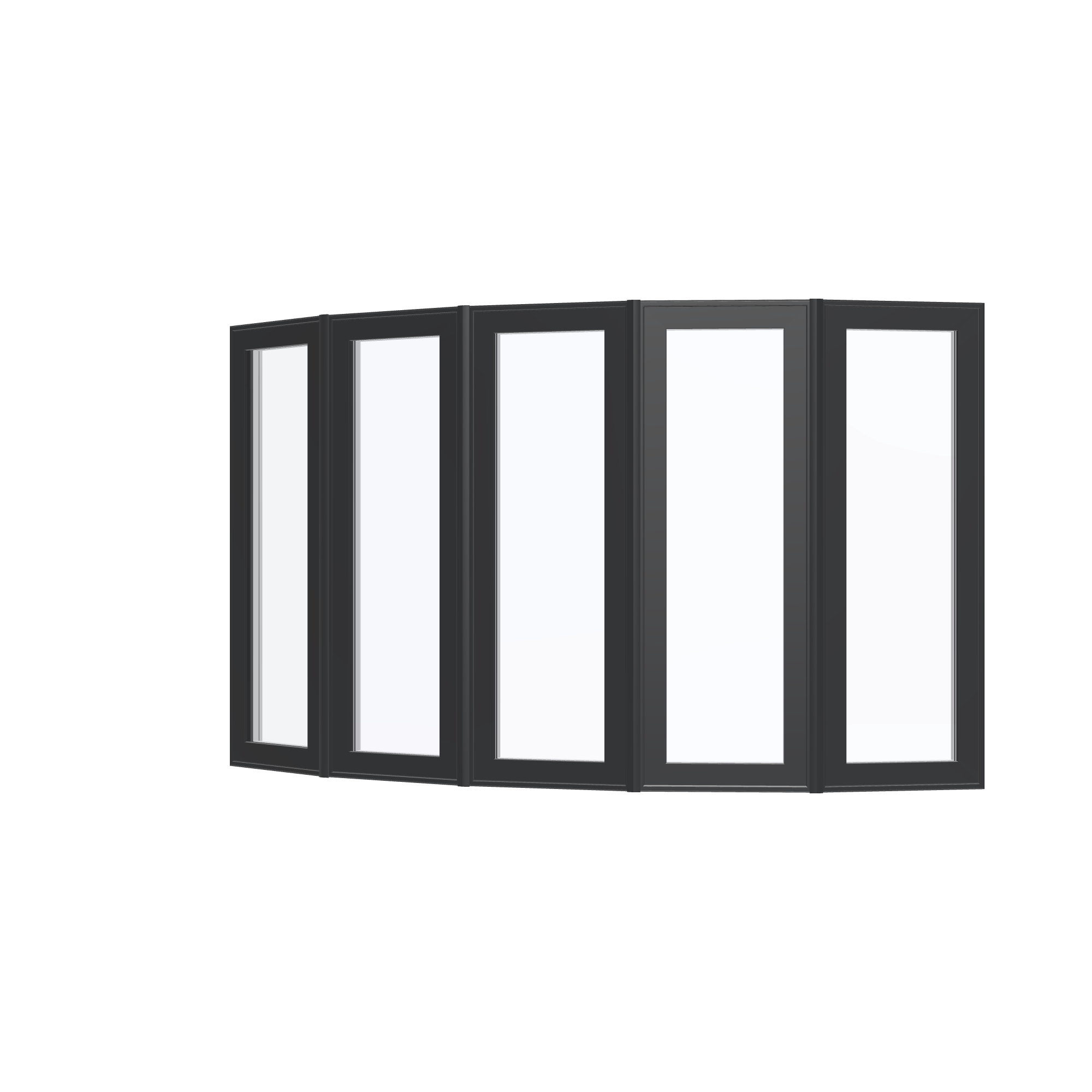 Angled exterior view of the 96 × 54 inch bow window, black exterior / white interior, without nailing flange