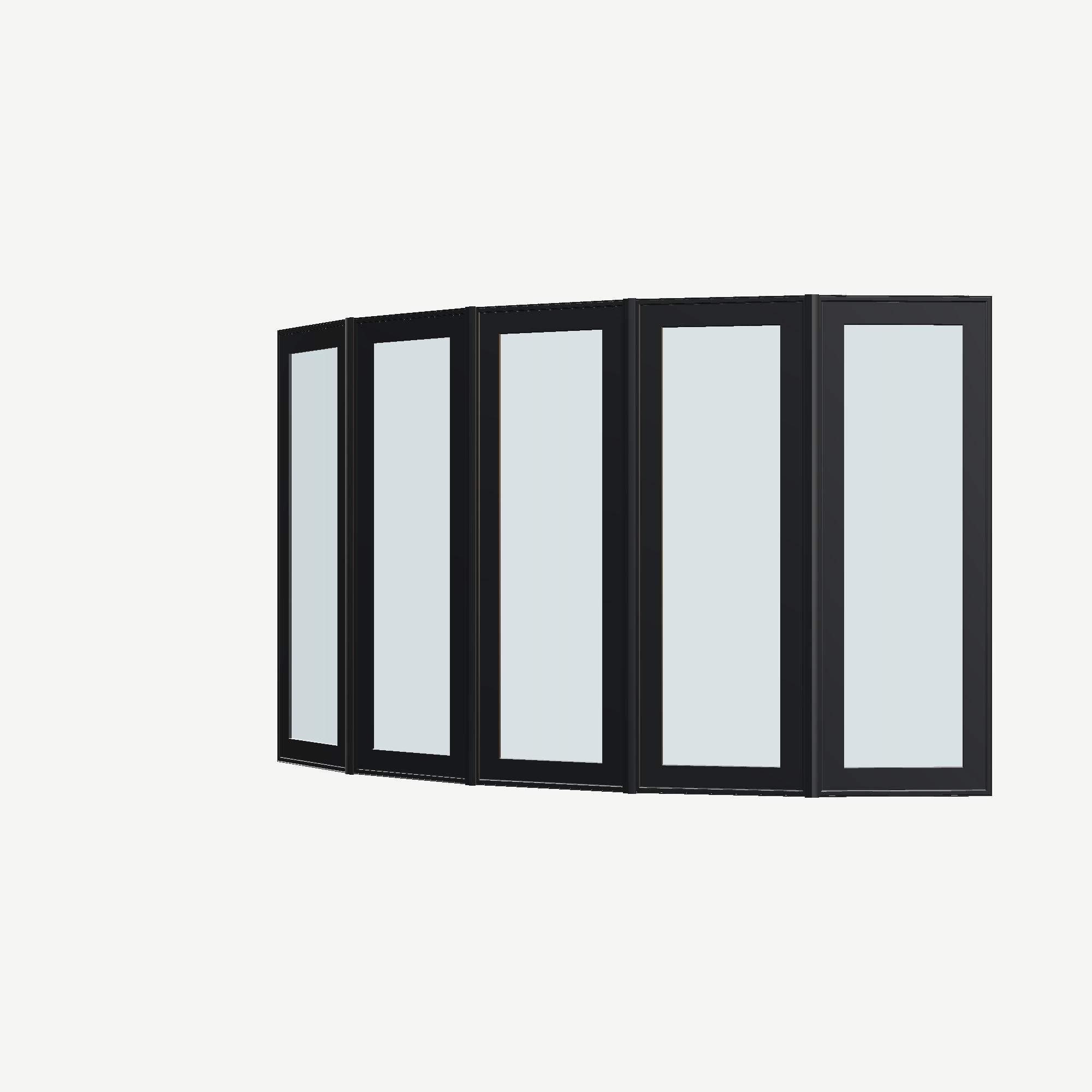 Angled exterior view of the 96 × 54 inch bow window, black exterior / white interior, without nailing flange