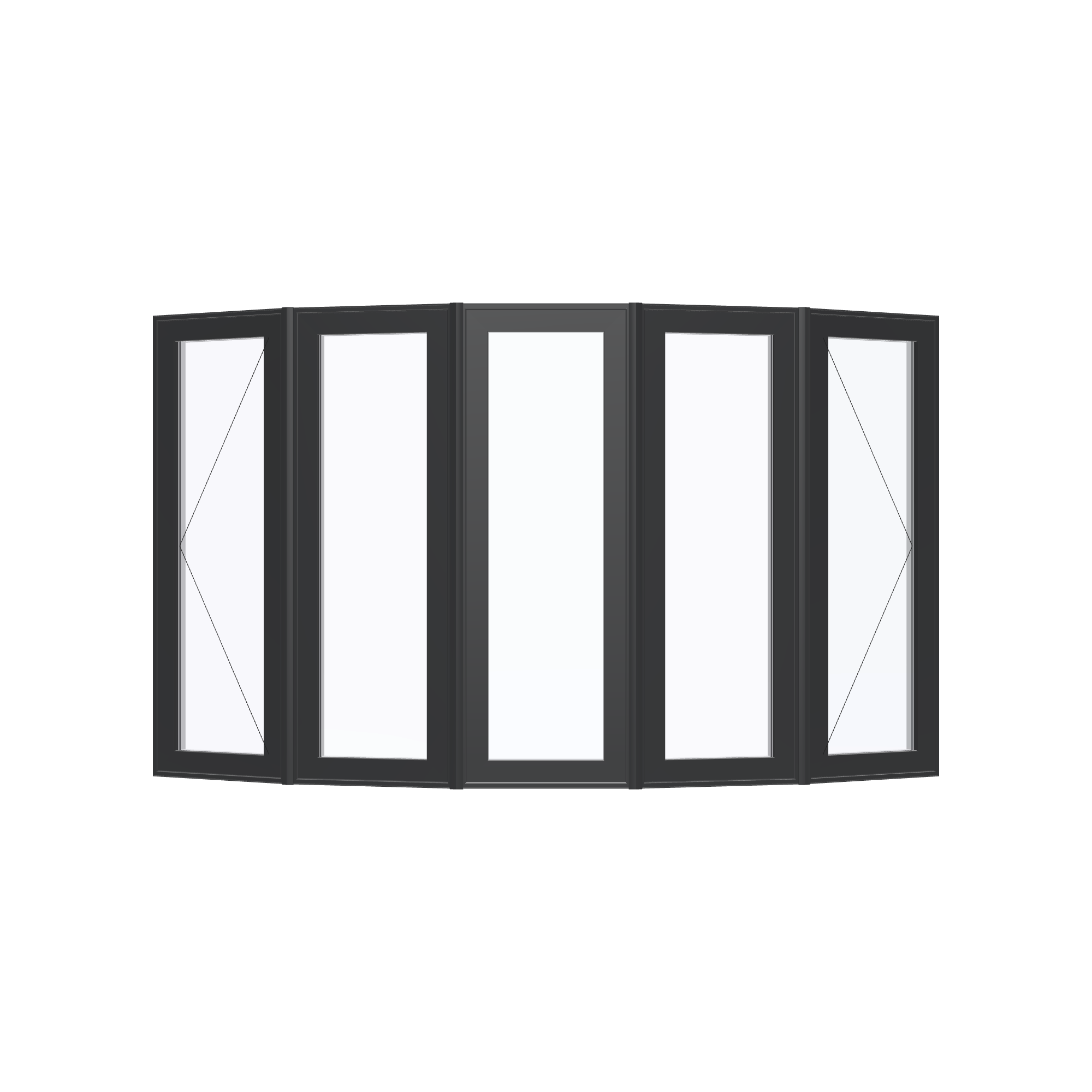 Straight exterior view of the 96 × 54 inch bow window, black exterior / white interior, without nailing flange