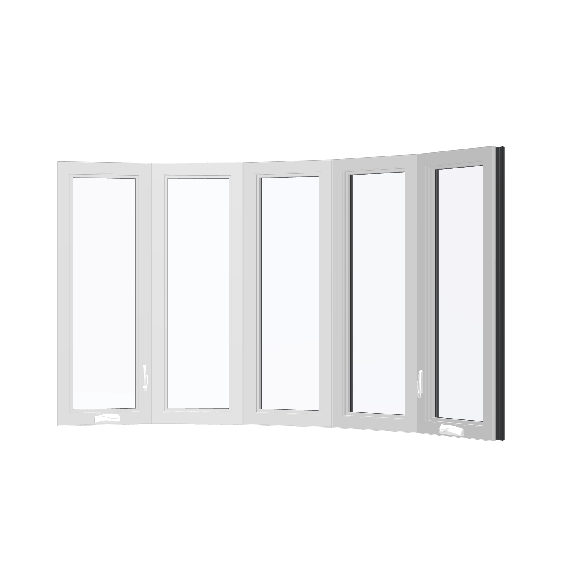 Angled interior view of the 96 × 54 inch bow window, black exterior / white interior, without nailing flange