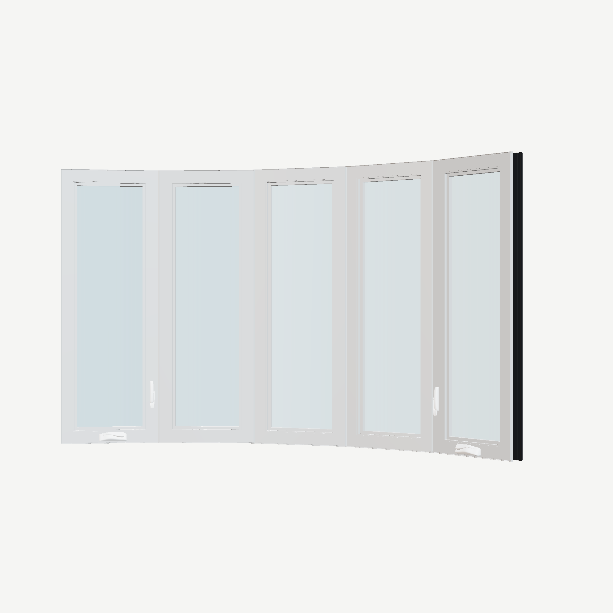 Angled interior view of the 96 × 54 inch bow window, black exterior / white interior, without nailing flange