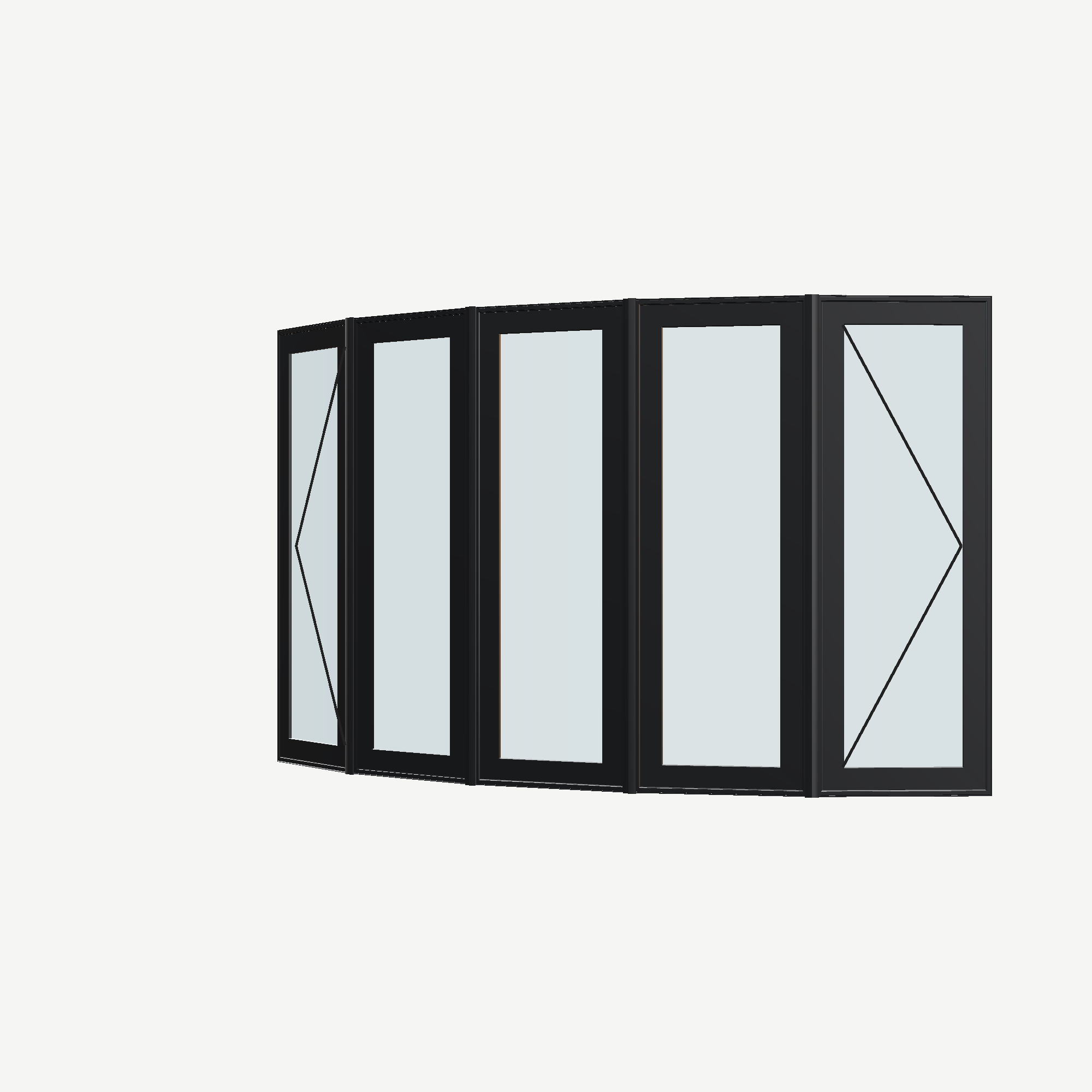 Angled exterior view with opening symbols of the 96 × 54 inch bow window, black exterior / white interior, without nailing flange