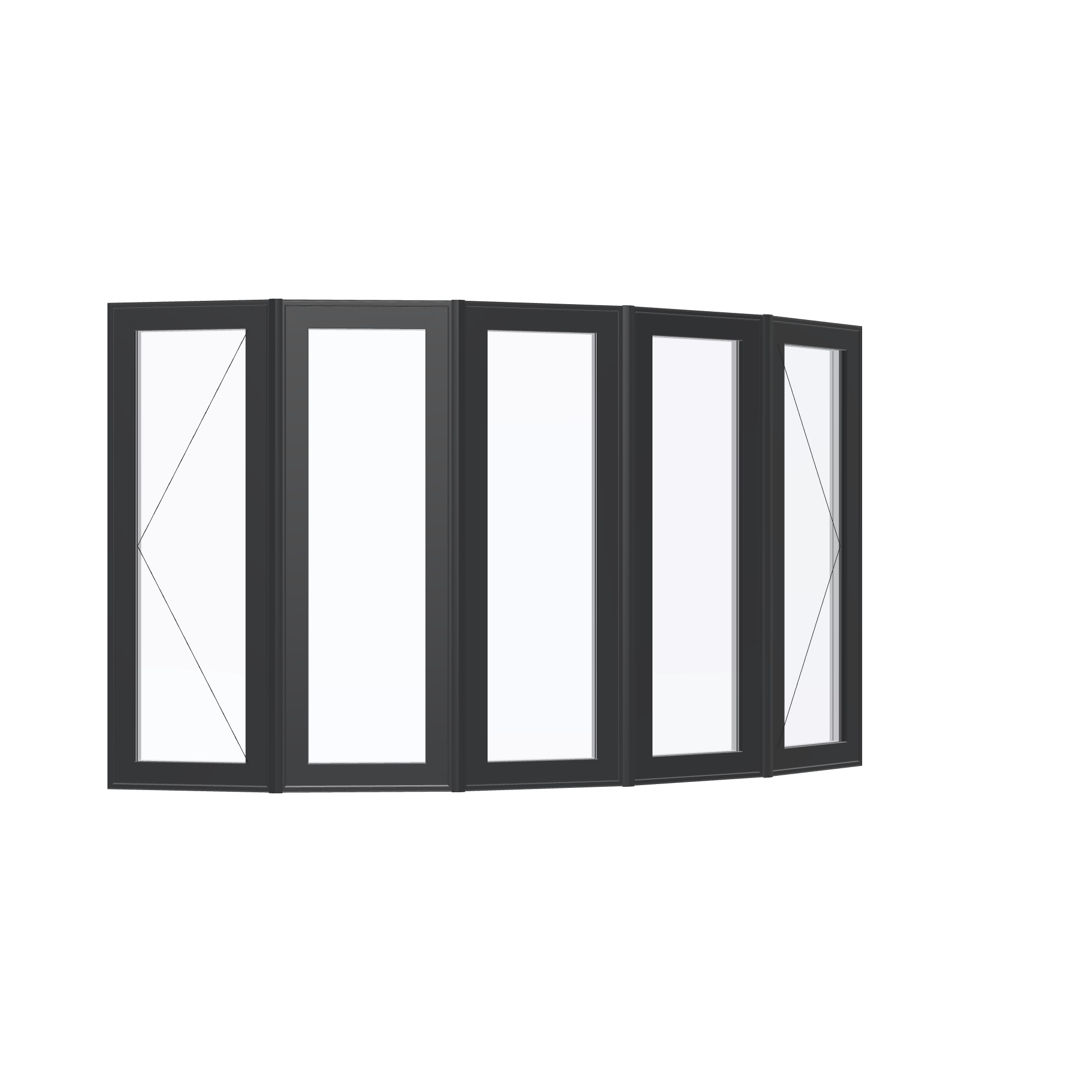 Opposite exterior angle of the 96 × 54 inch bow window, black exterior / white interior, without nailing flange