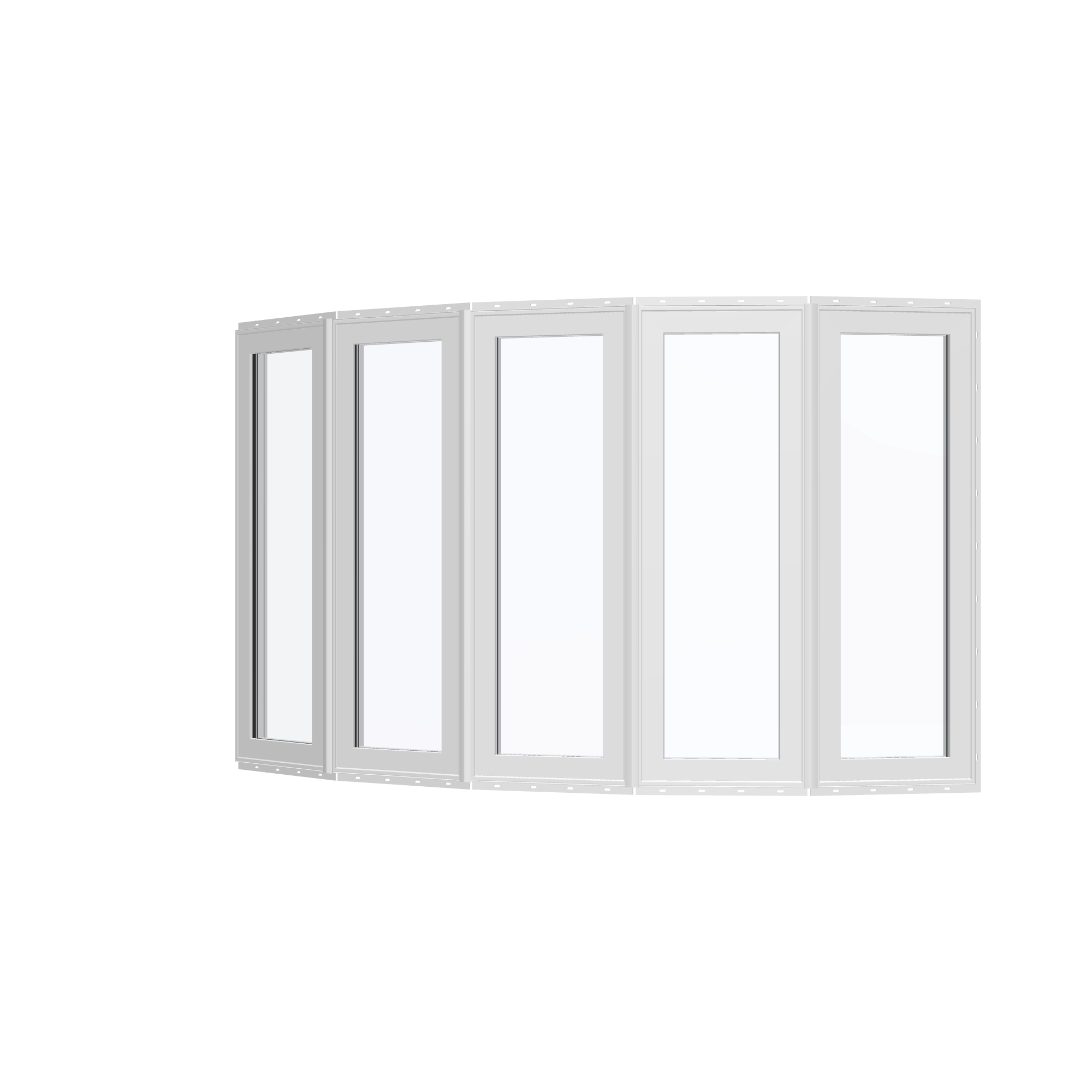 Angled exterior view of the 96 × 54 inch bow window, white exterior / white interior, with nailing flange