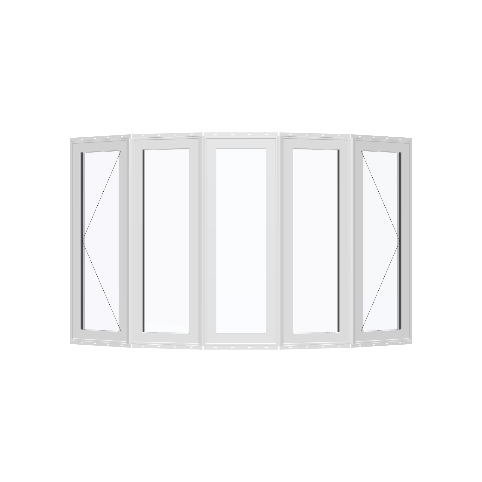 Straight exterior view of the 96 × 54 inch bow window, white exterior / white interior, with nailing flange