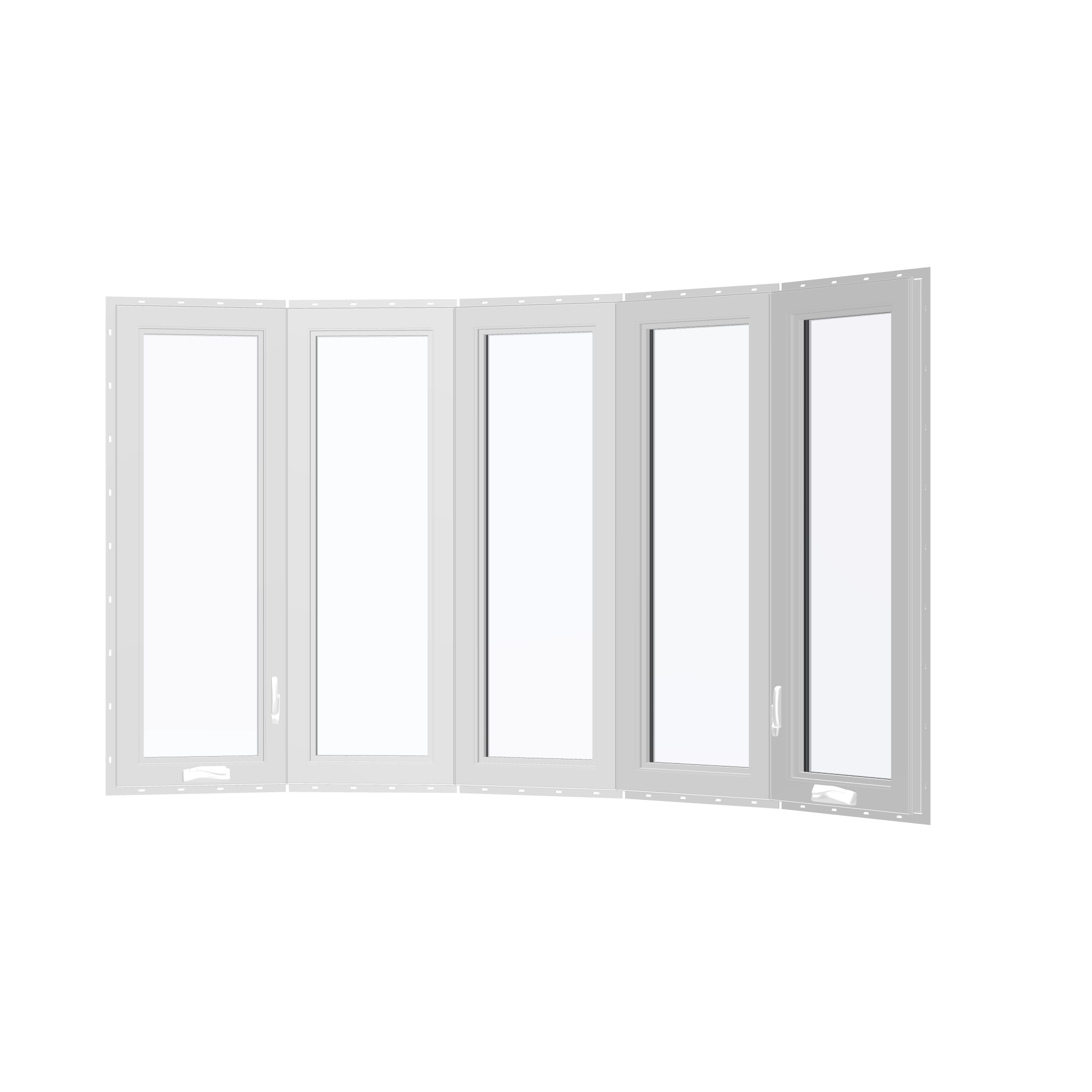 Angled interior view of the 96 × 54 inch bow window, white exterior / white interior, with nailing flange