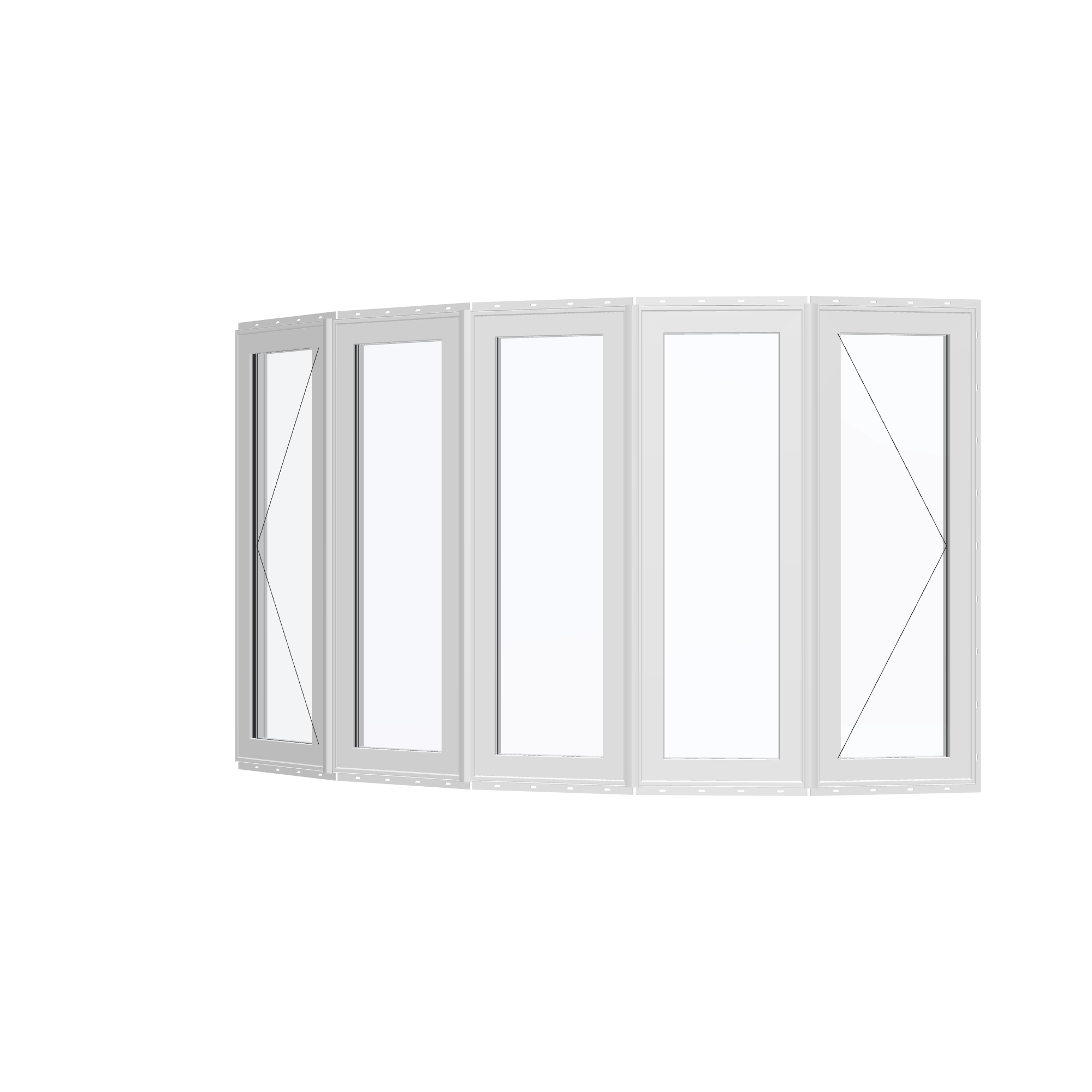 Angled exterior view with opening symbols of the 96 × 54 inch bow window, white exterior / white interior, with nailing flange