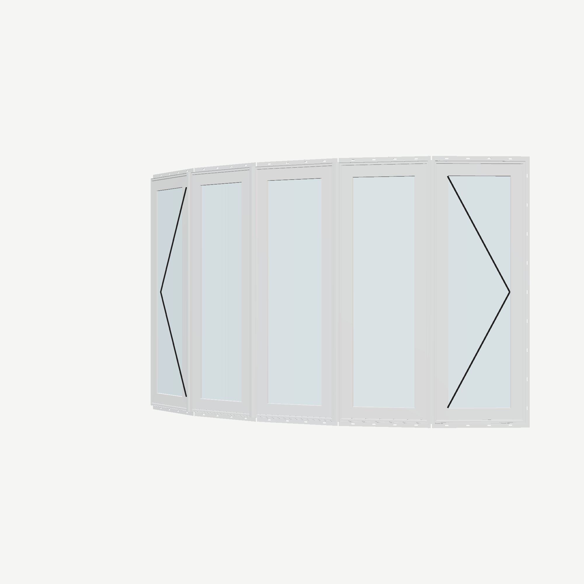 Angled exterior view with opening symbols of the 96 × 54 inch bow window, white exterior / white interior, with nailing flange
