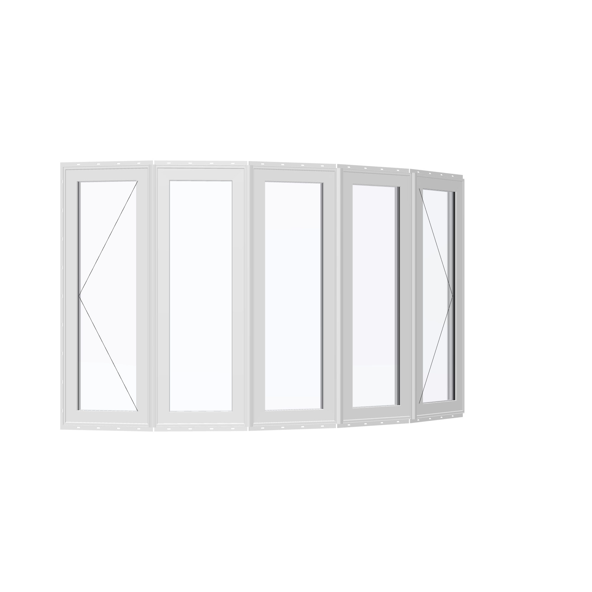 Opposite exterior angle of the 96 × 54 inch bow window, white exterior / white interior, with nailing flange
