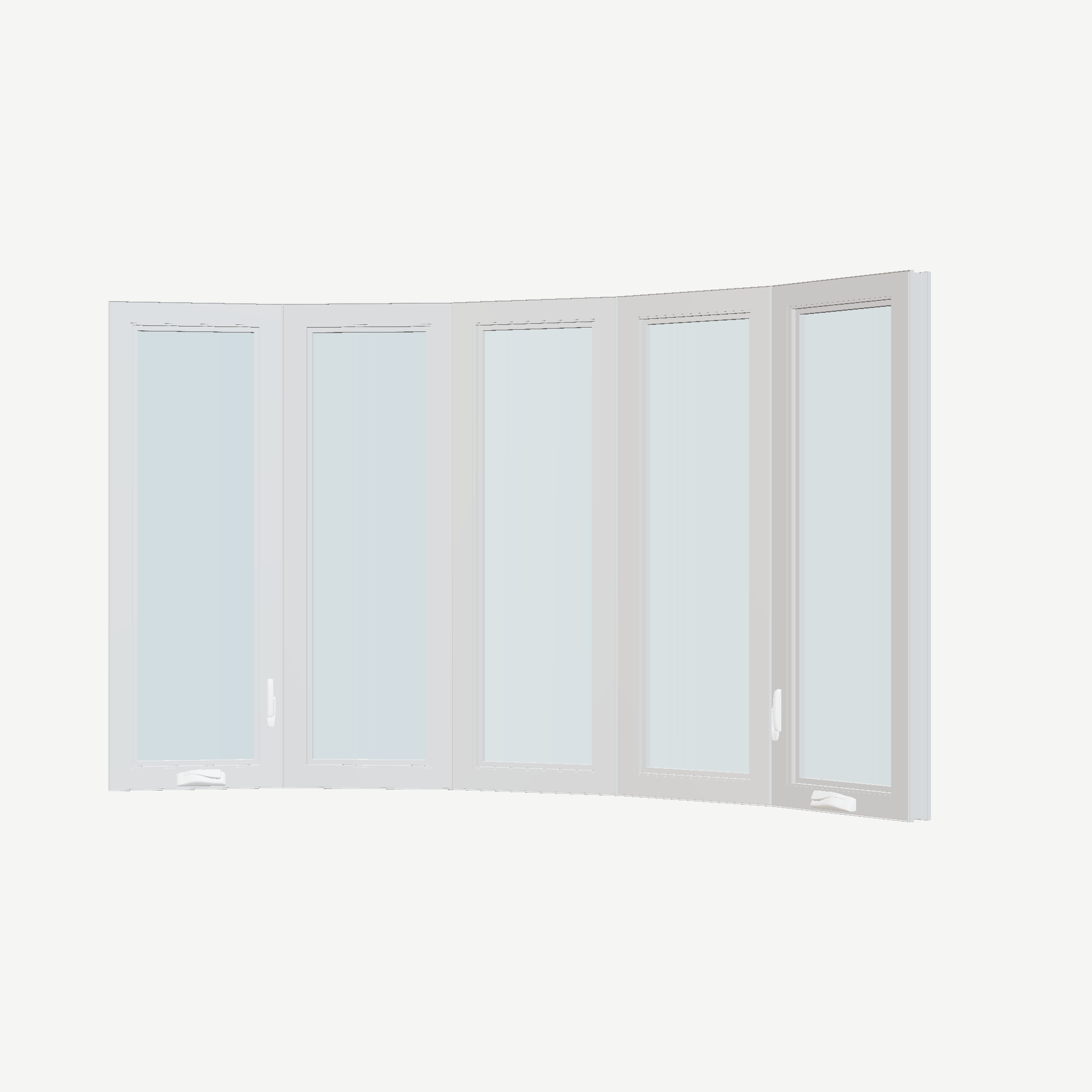 Angled interior view of the 96 × 54 inch bow window, white exterior / white interior, without nailing flange