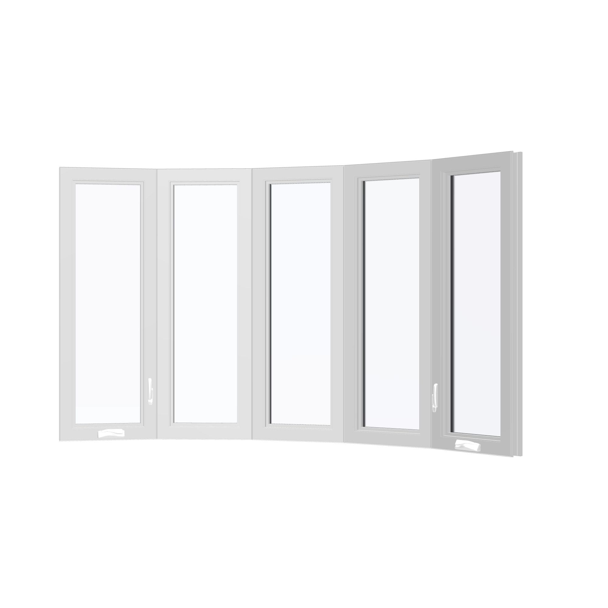 Angled interior view of the 96 × 54 inch bow window, white exterior / white interior, without nailing flange