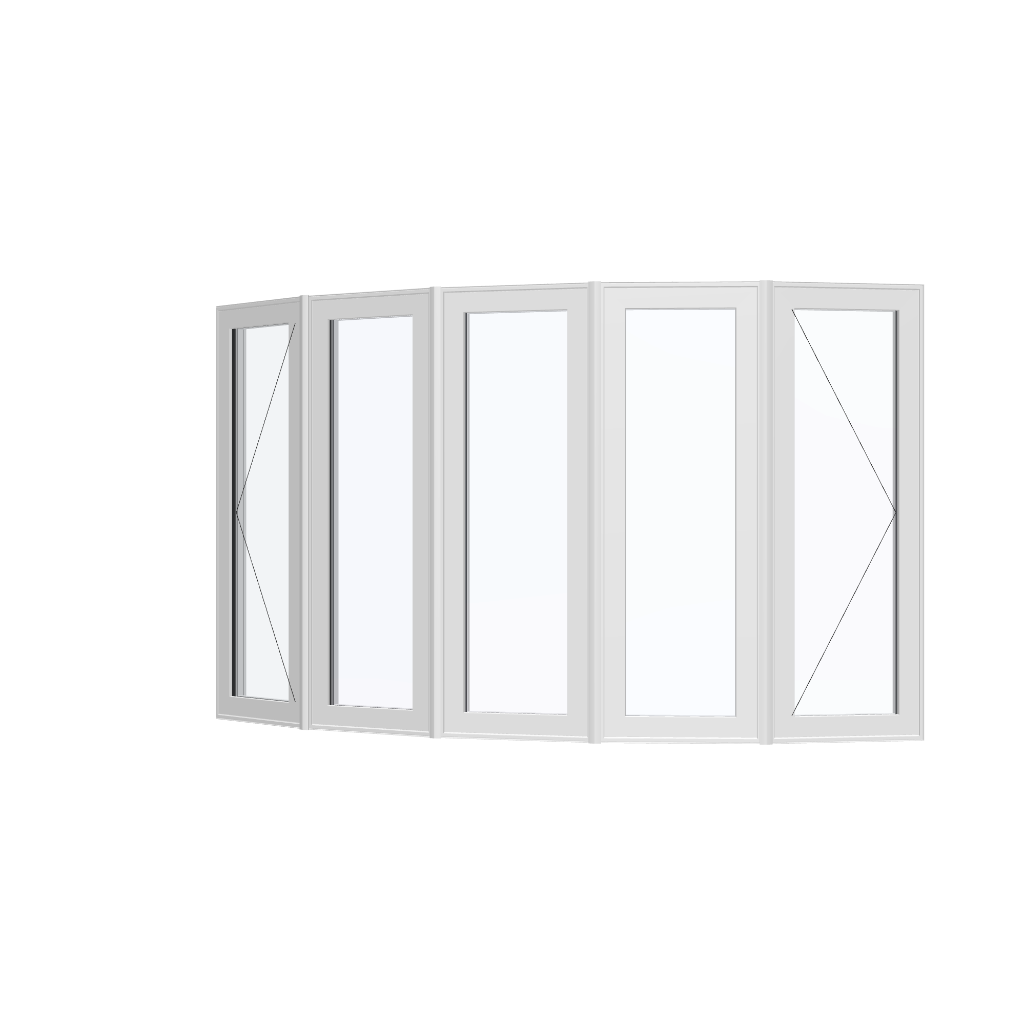 Angled exterior view with opening symbols of the 96 × 54 inch bow window, white exterior / white interior, without nailing flange