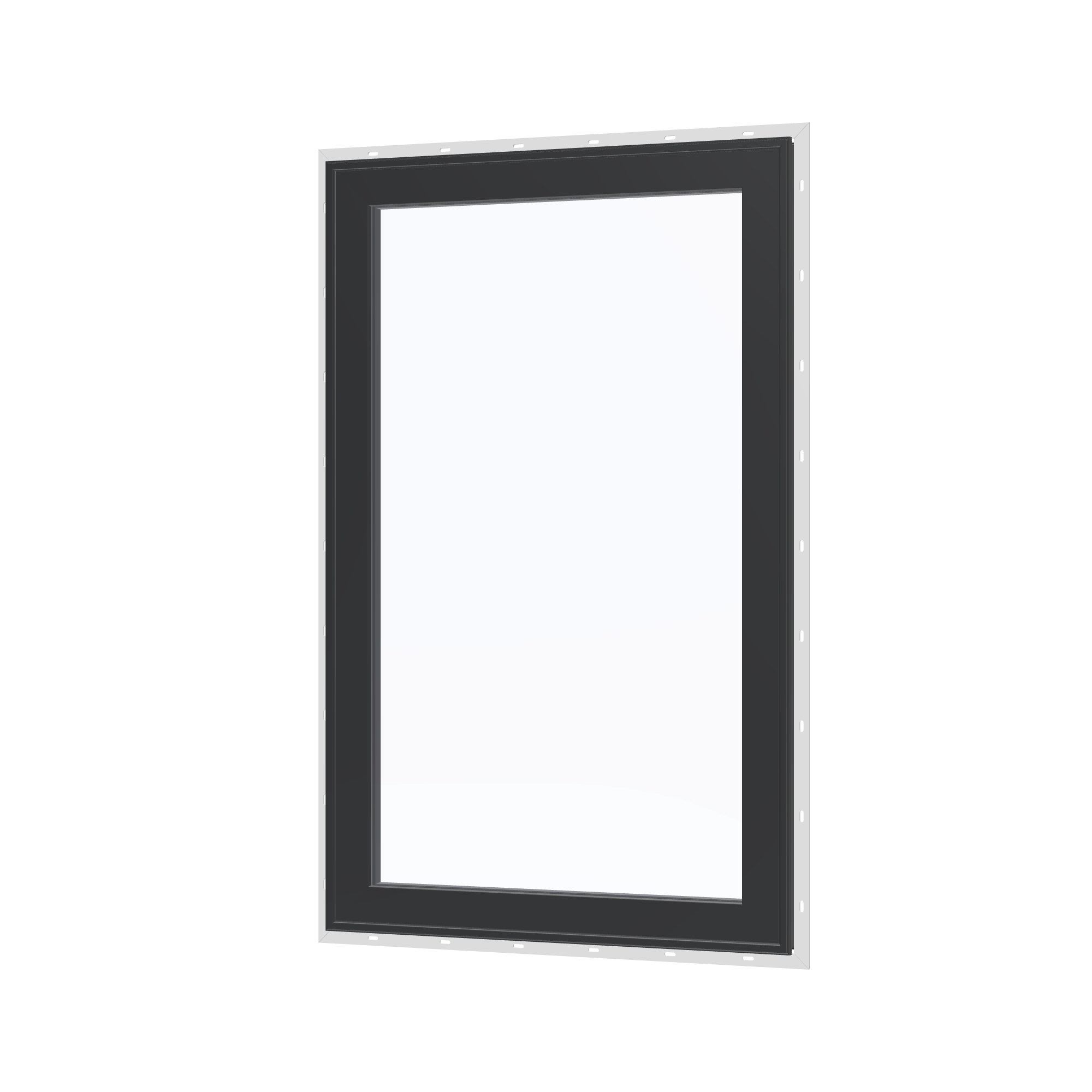 Angled exterior view of the 32 × 52 inch casement, black exterior / black interior, with nailing flange