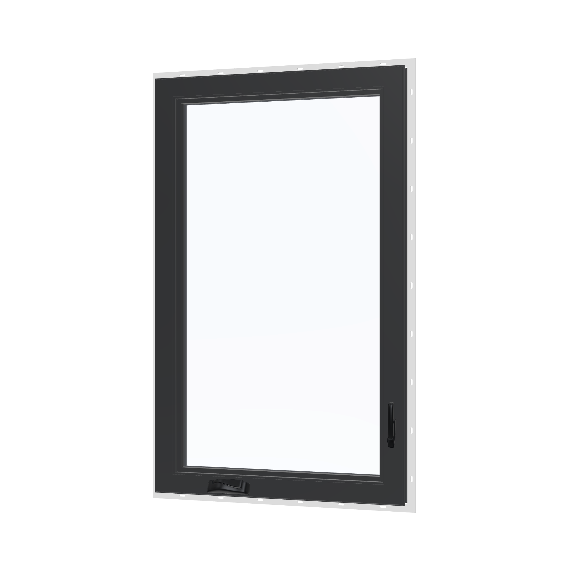 Angled interior view of the 32 × 52 inch casement, black exterior / black interior, with nailing flange