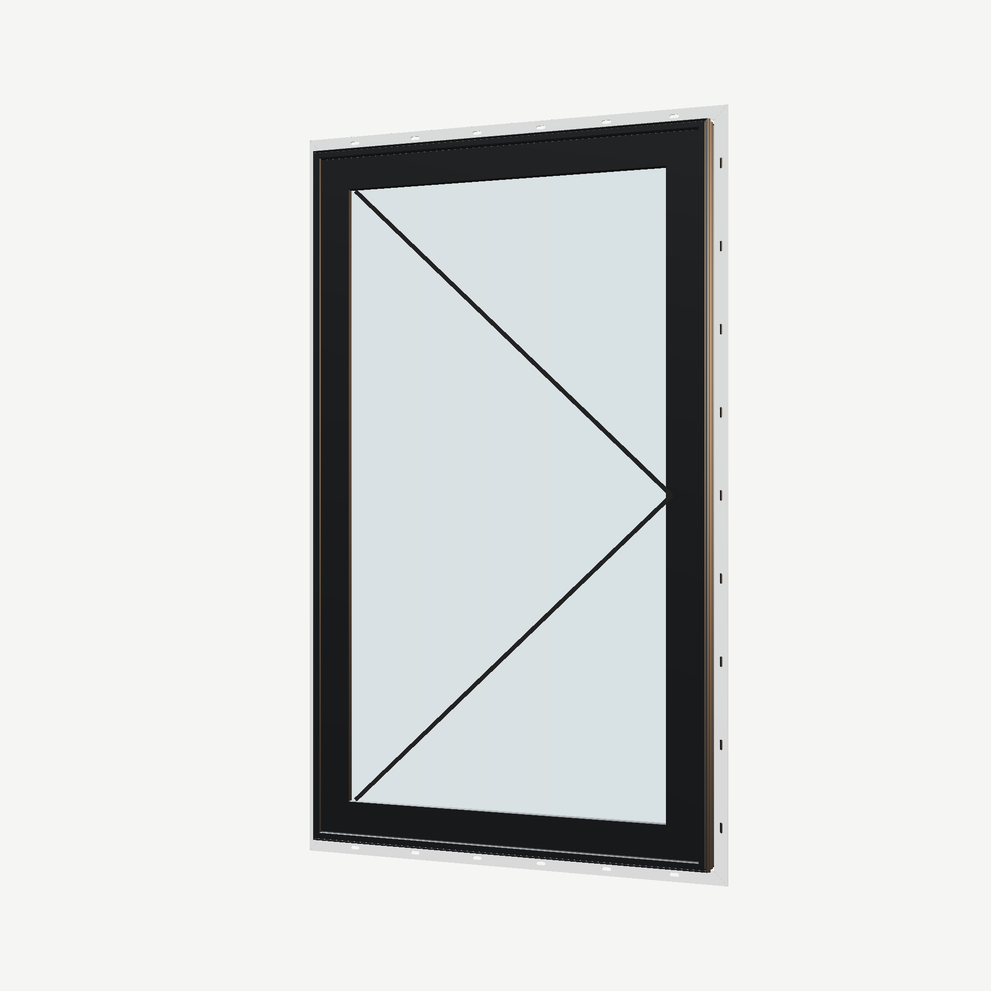 Angled exterior view with opening symbols of the 32 × 52 inch casement, black exterior / black interior, with nailing flange