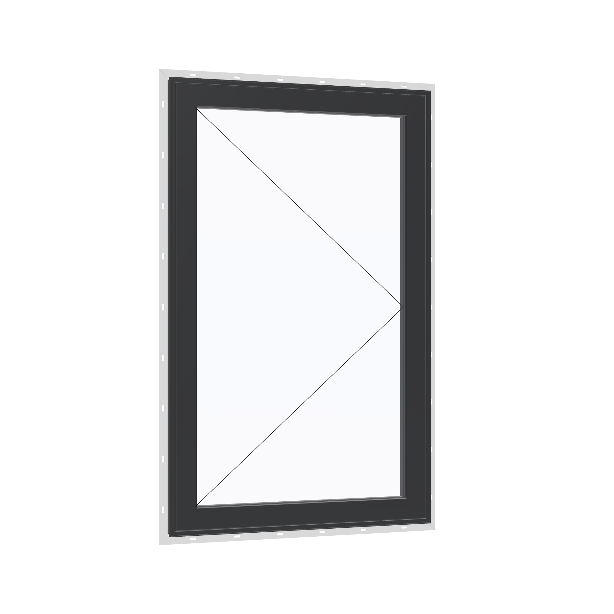 Opposite exterior angle of the 32 × 52 inch casement, black exterior / black interior, with nailing flange