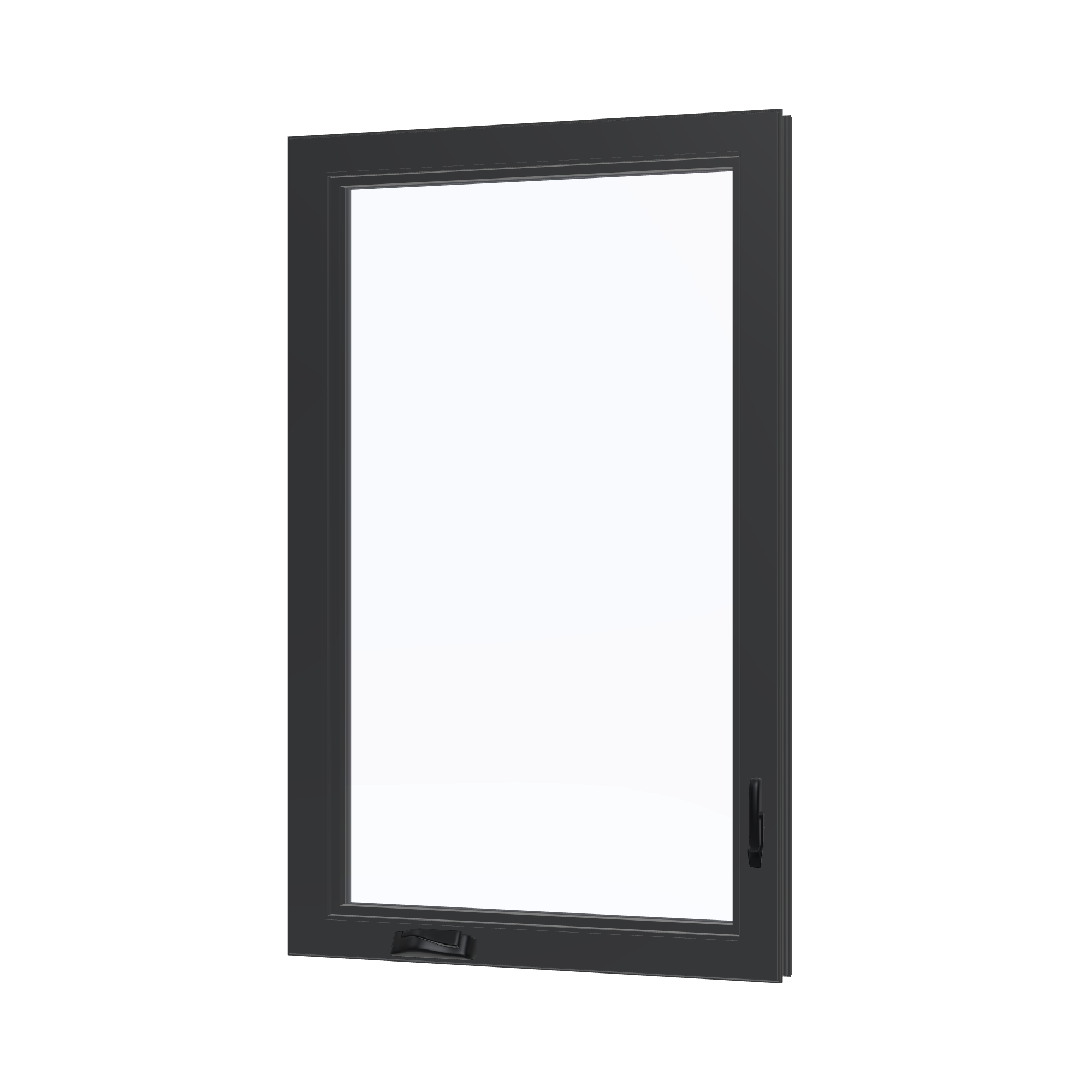 Angled interior view of the 32 × 52 inch casement, black exterior / black interior, without nailing flange
